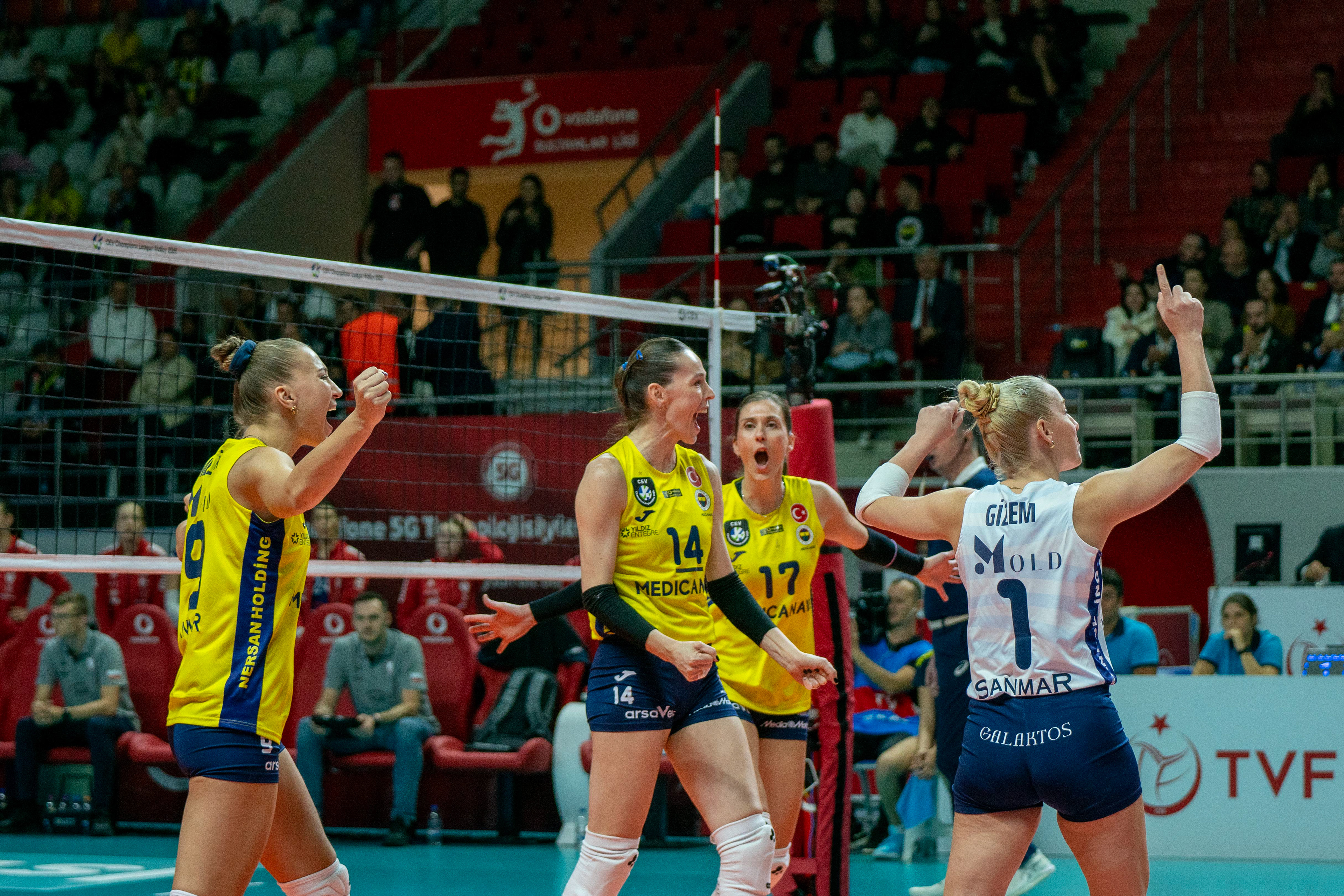 Fenerbahce's Eda Erdem (C), celebrate point during CEV Champions League in the match played against PGE Grot Budowlani Lodz at Burhan Felek Volleyball Hall in Istanbul on November 6, 2024.