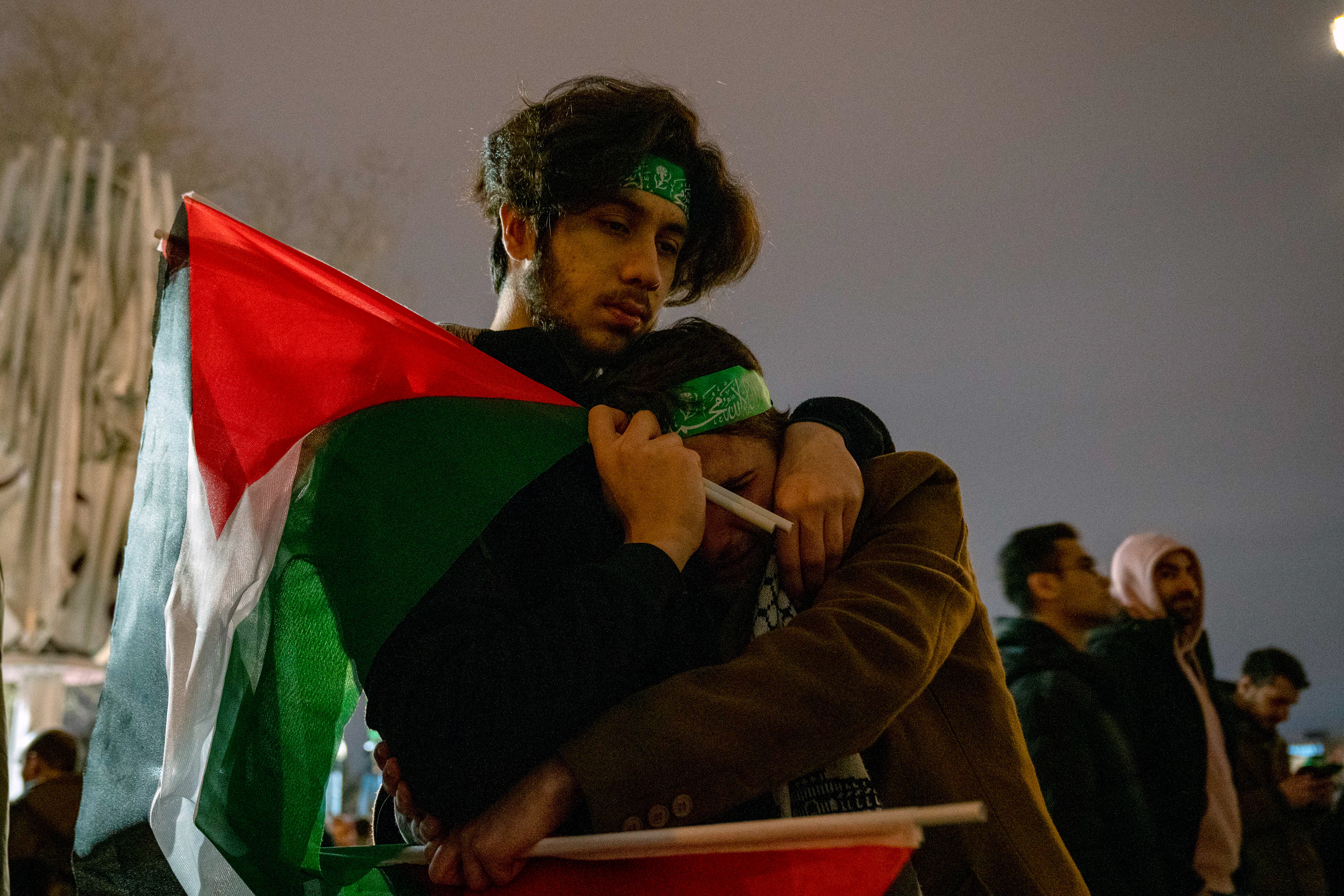 Protesters are upset and crying during the protest at Fatih Mosque on April 5, 2023, as Israeli police raided Al-Aqsa Mosque. Israeli police raided the Masjid al-Aqsa last night after the tarawih prayer.