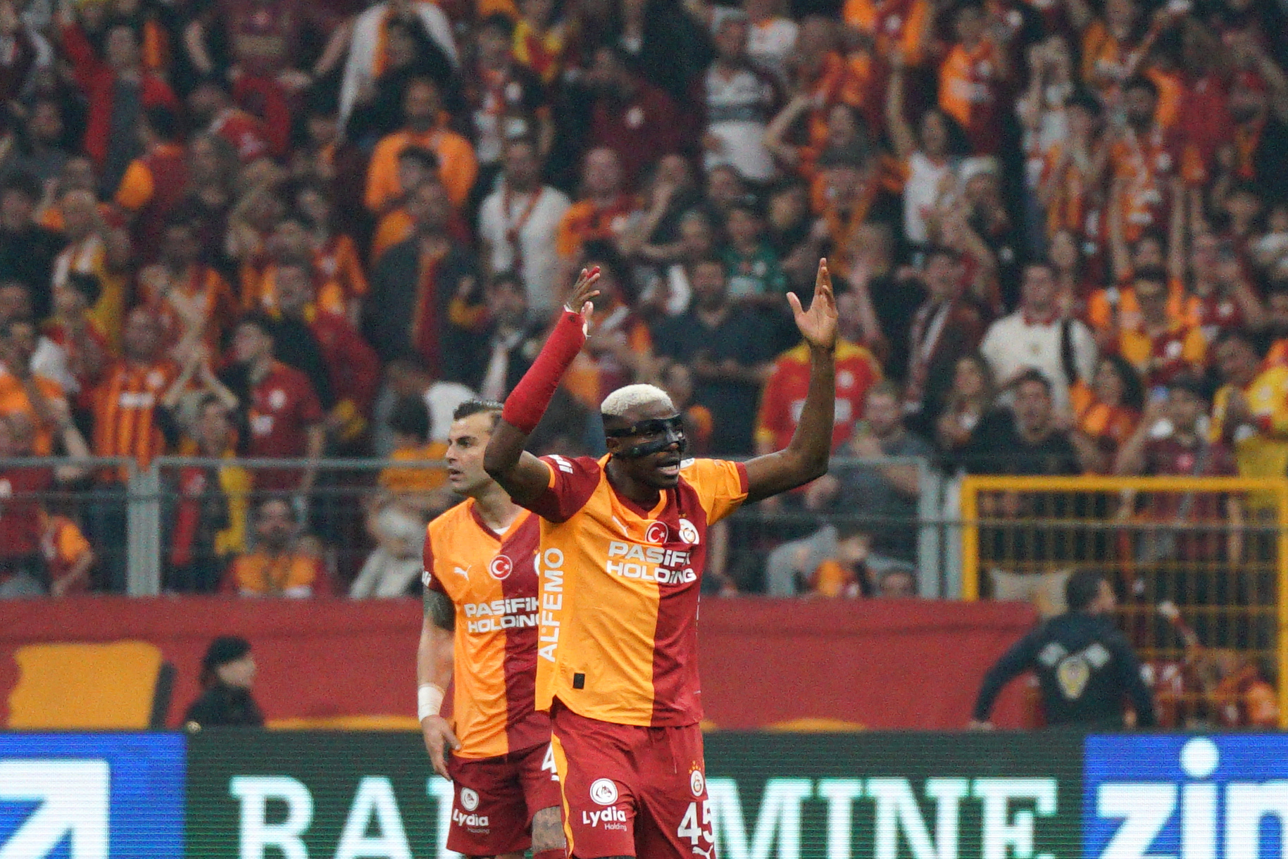 Victor Osimhen of Galatasaray reacts after scoring goal during the Turkish Super League soccer match between Galatasaray and Antalyaspor in Istanbul, Turkey, 9 May 2026.