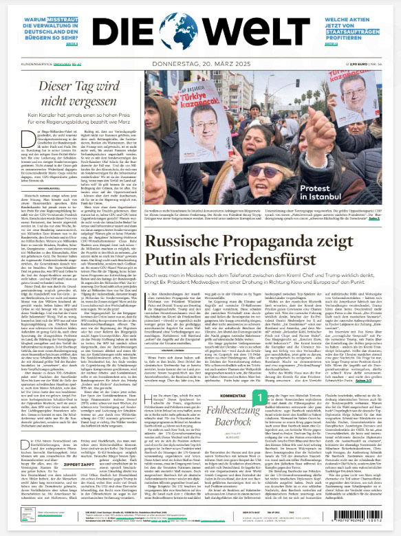 ON THE FRONT PAGE OF DIE WELT ON MARCH 20, 2025.