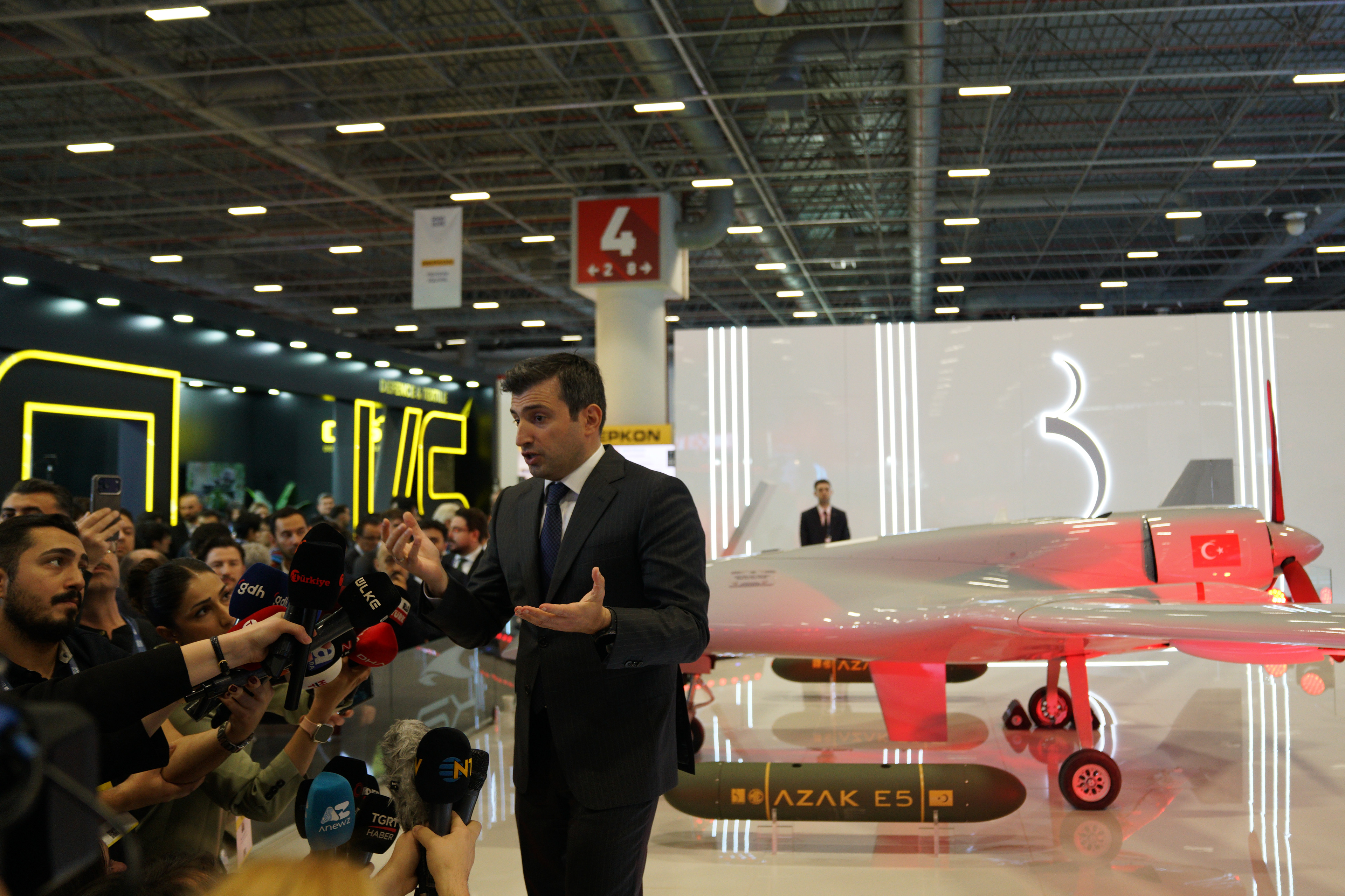 Selcuk Bayraktar, chairman of Turkish defence firm Baykar, talks to journalists to present new drones during the opening day of the SAHA 2026, an International Defence and Aerospace Exhibition, in Istanbul on May 5, 2026.