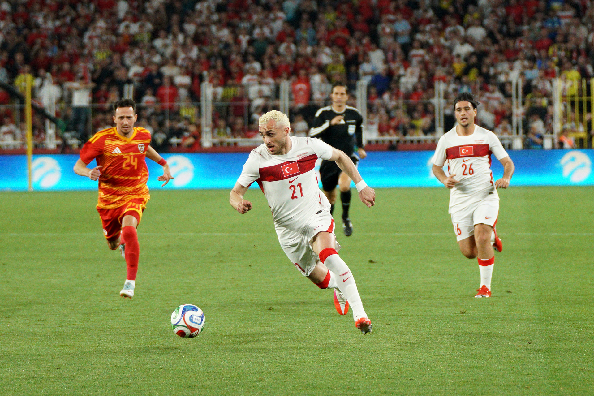 Baris Alper Yilmaz (C) of Turkey in action during the Turkey-North Macedonia match at Fenerbahce Sukru Saracoglu Stadium in Istanbul on June 1, 2026, as part of the preparations for the 2026 FIFA World Cup.