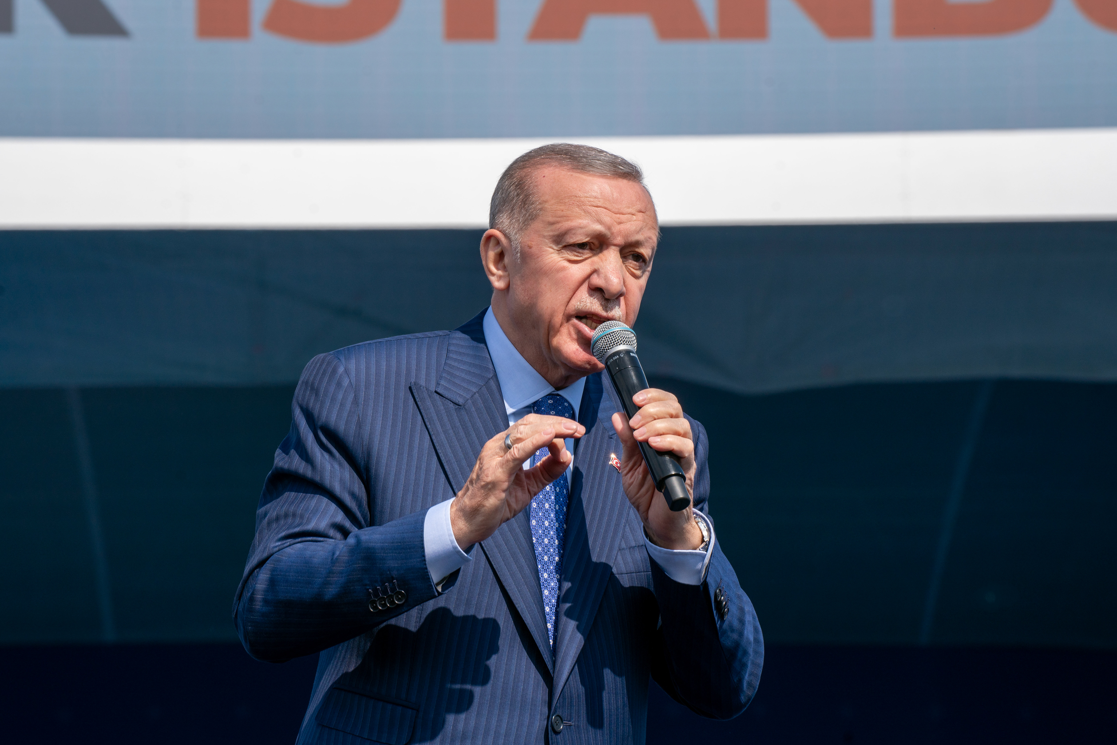 Recep Tayyip Erdogan, the President of Turkey, speaks at a Great Istanbul Rally in Istanbul Airport Nation's Garden on March 24, 2024. There will be Turkish Local Elections on March 31, 2024.
