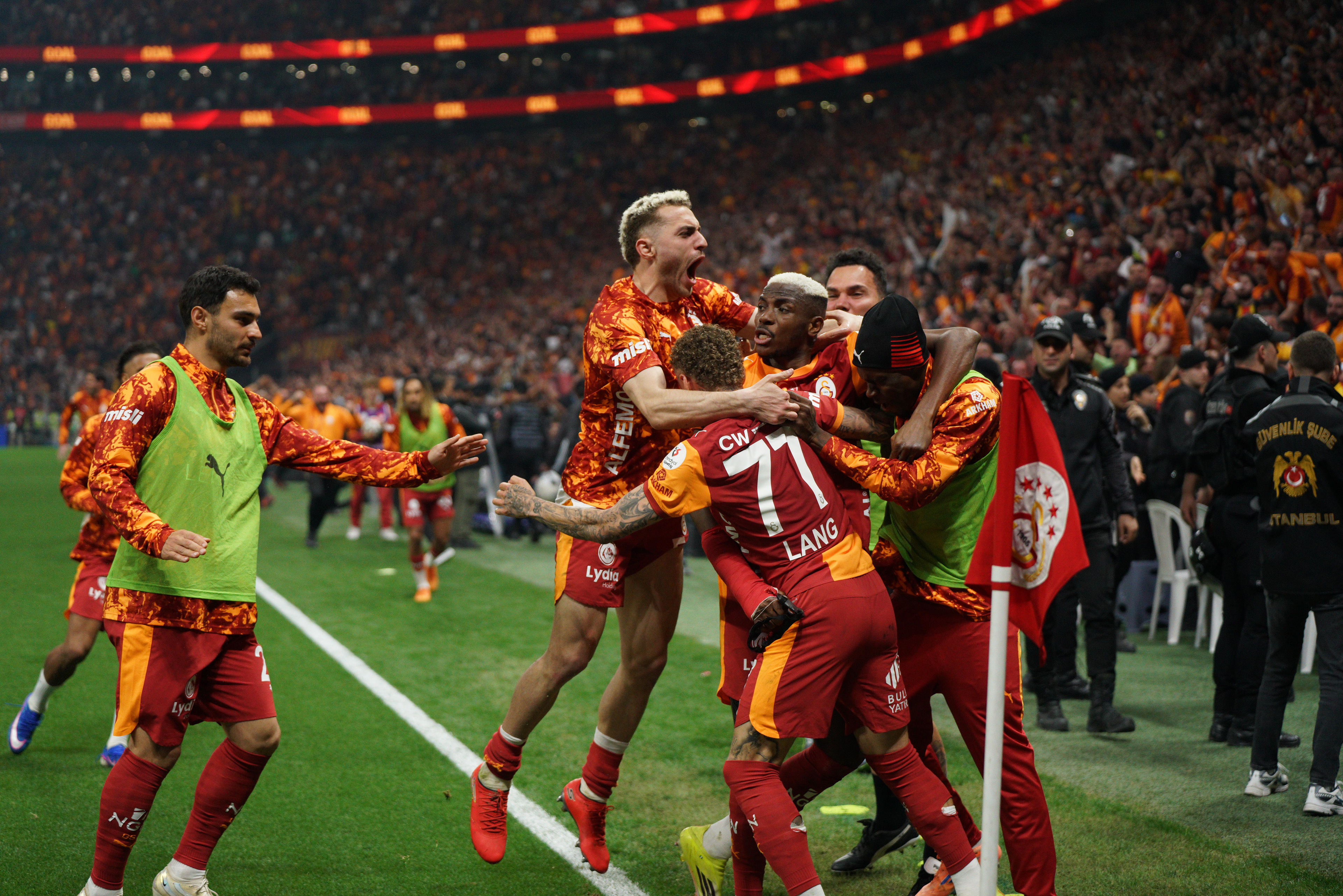 Baris Alper Yilmaz (C) and Galatasaray players celebrates after scoring goal during the Turkish Super League soccer match between Galatasaray and Antalyaspor in Istanbul, Turkey, 9 May 2026.
