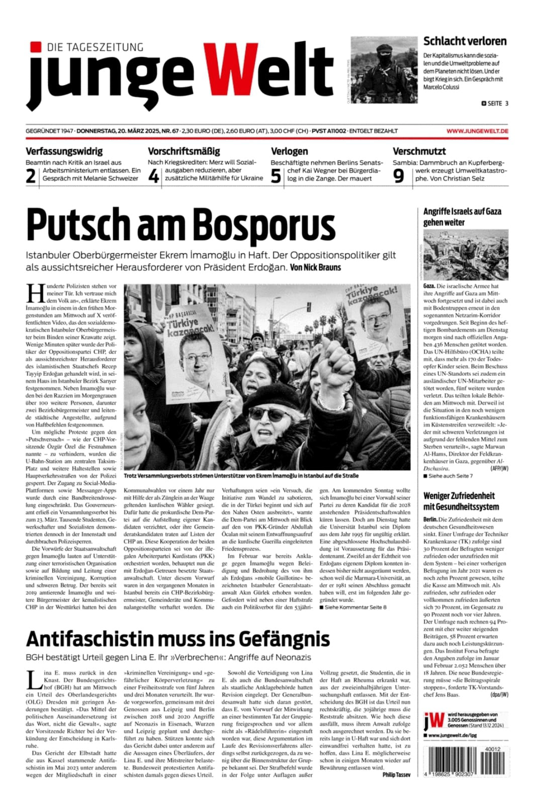 ON THE FRONT PAGE OF DIE TAGESZEITUNG JUNGE WELT (jW) ON MARCH 20, 2025.