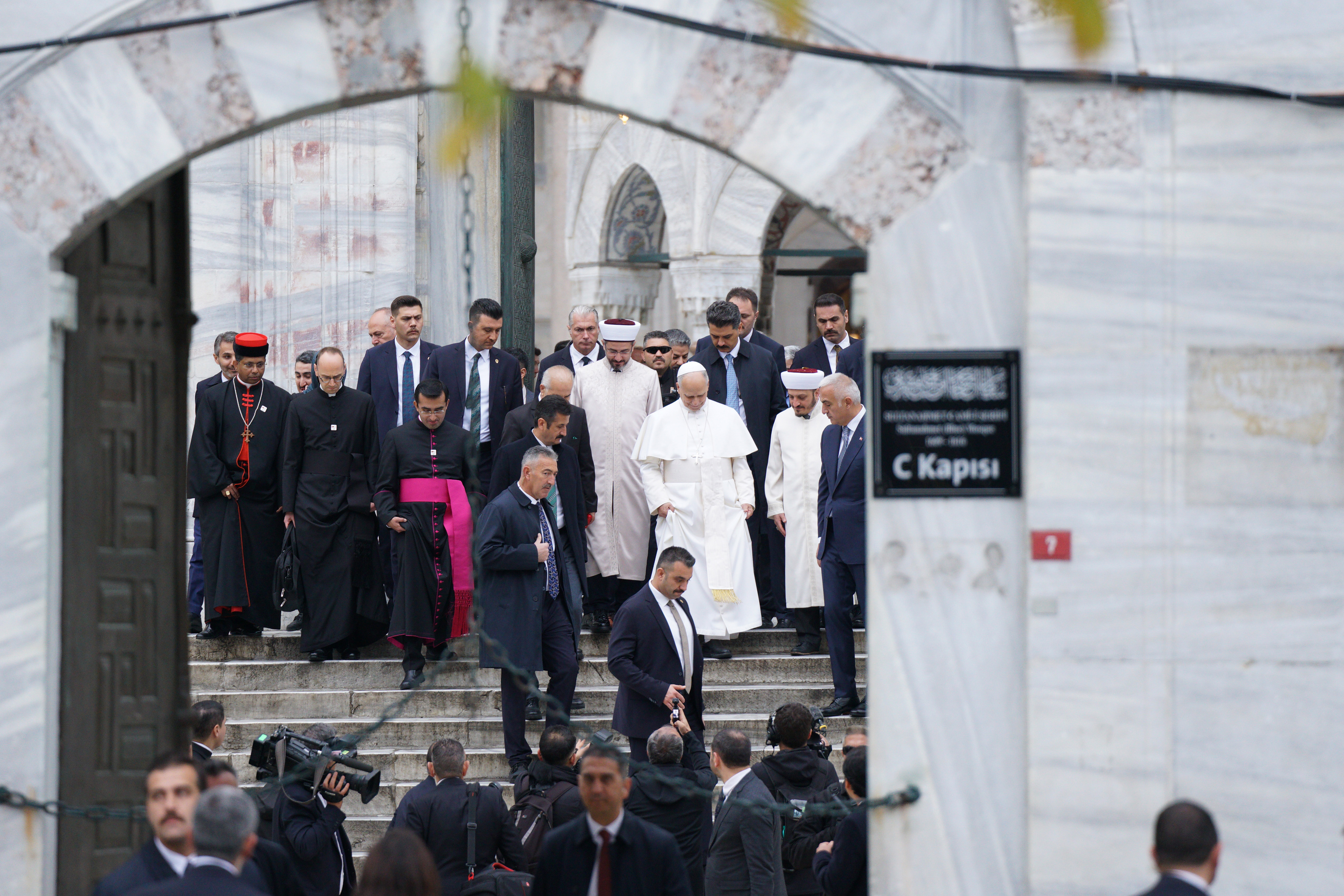Pope Leo XIV leaving Ottoman-era Sultanahmet Mosque, known as the Blue Mosque, during his first apostolic journey, in Istanbul on November 29, 2025.