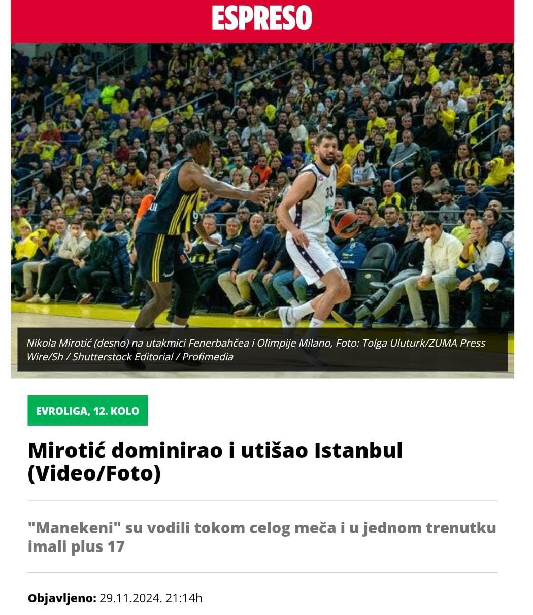 24.11.29 EuroLeague Basketball - Fenerbahce vs Olimpia Milano