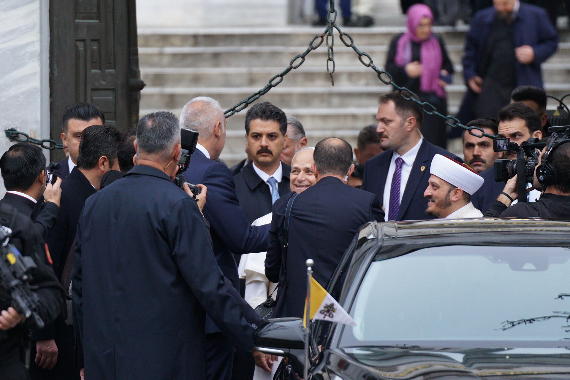Pope Leo XIV leaving Ottoman-era Sultanahmet Mosque, known as the Blue Mosque, during his first apostolic journey, in Istanbul on November 29, 2025.