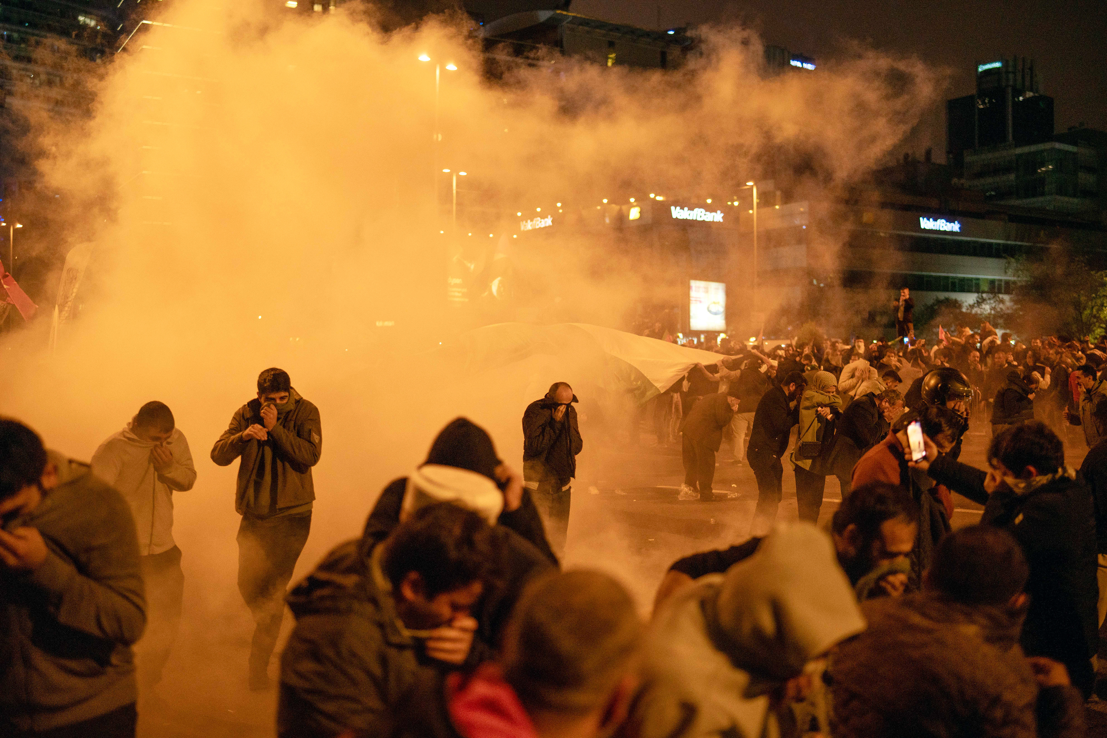 Police intervened against protesters demonstrating in front of the Israeli Consulate after the explosion at the hospital in Gaza on October 17, 2023 in Istanbul, Turkey.