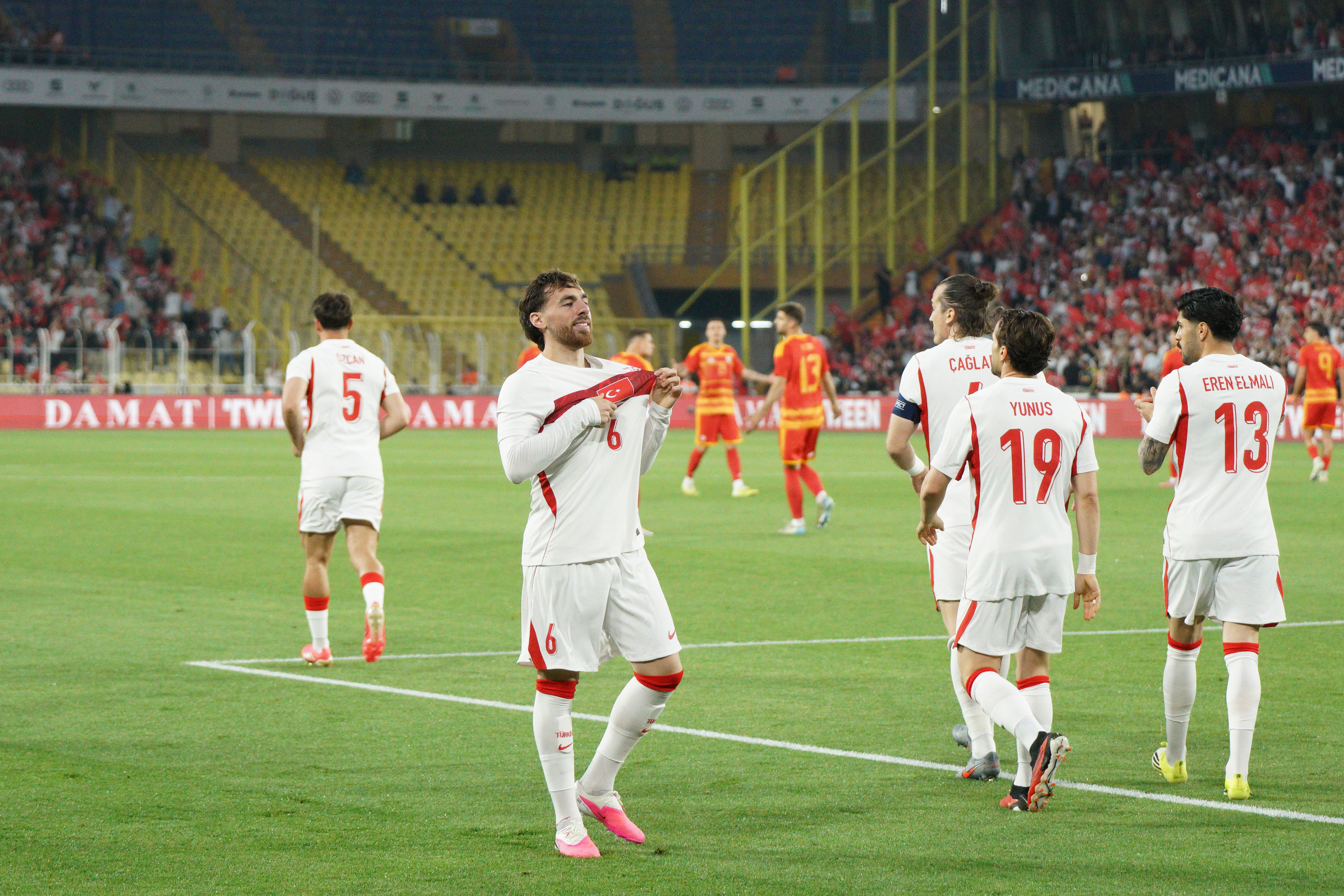 Orkun Kokcu (C) of Turkey celebrates after scoring during the Turkey-North Macedonia match at Fenerbahce Sukru Saracoglu Stadium in Istanbul on June 1, 2026, as part of the preparations for the 2026 FIFA World Cup.