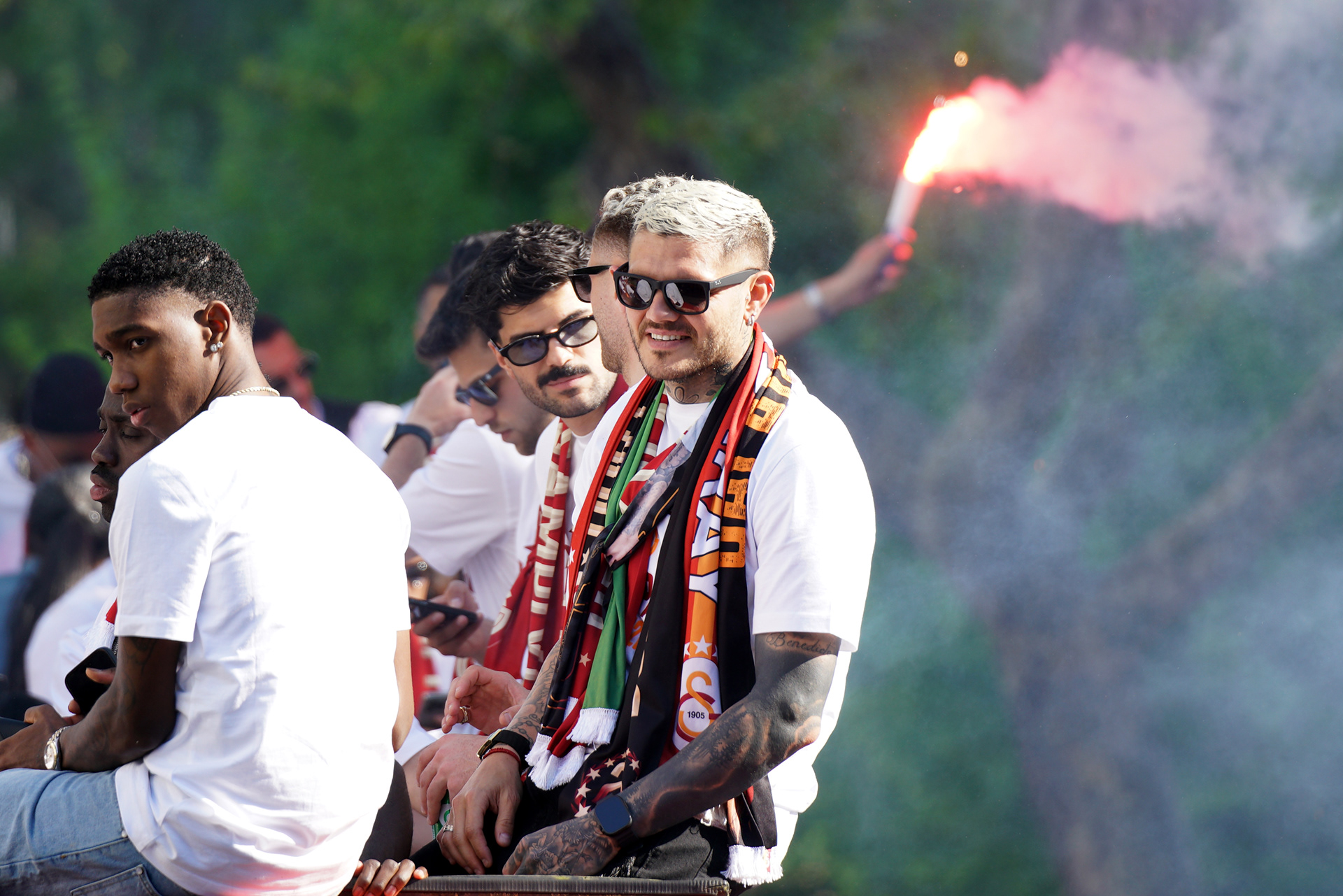 Galatasaray's MAURO ICARDI with teammates on the bus parade as they celebrate winning Super Lig in Istanbul on May 15, 2026.