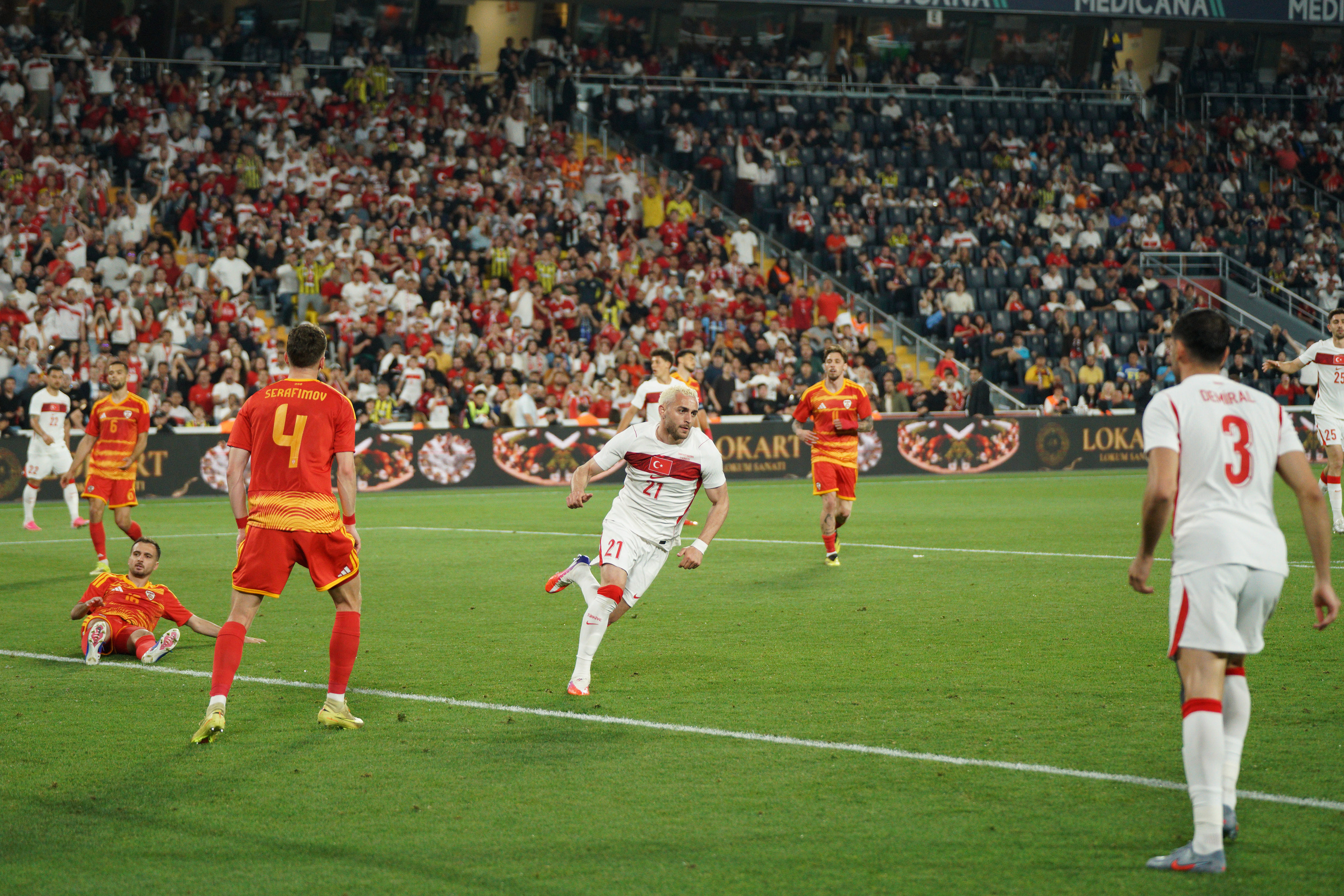 Baris Alper Yilmaz (C) of Turkey celebrates after scoring during the Turkey-North Macedonia match at Fenerbahce Sukru Saracoglu Stadium in Istanbul on June 1, 2026, as part of the preparations for the 2026 FIFA World Cup.