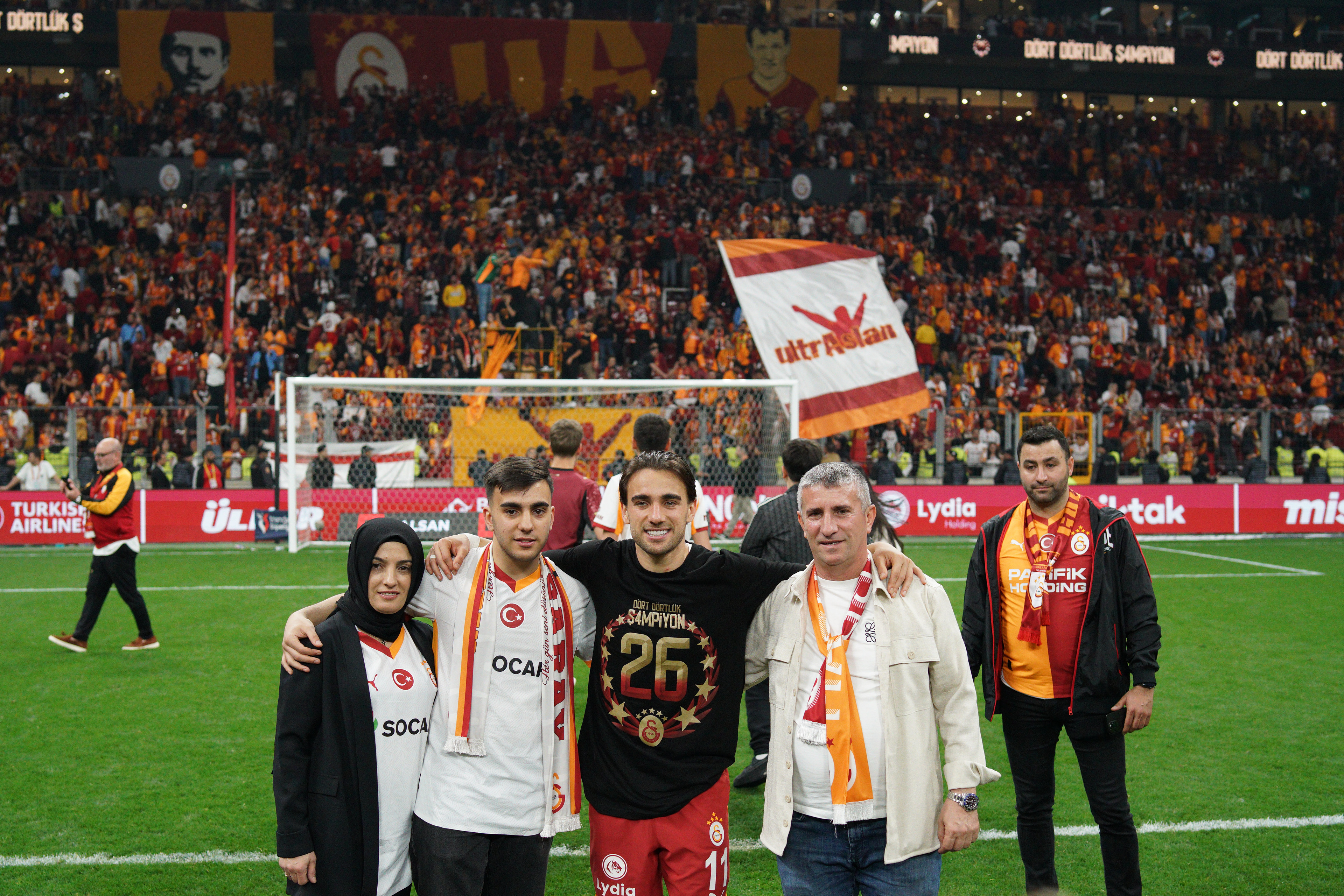 Yunus Akgun (C) of Galatasaray reacts during celebrating their victory against Antalyaspor on May 9, 2026, which secured their 26th Turkish Super League title.