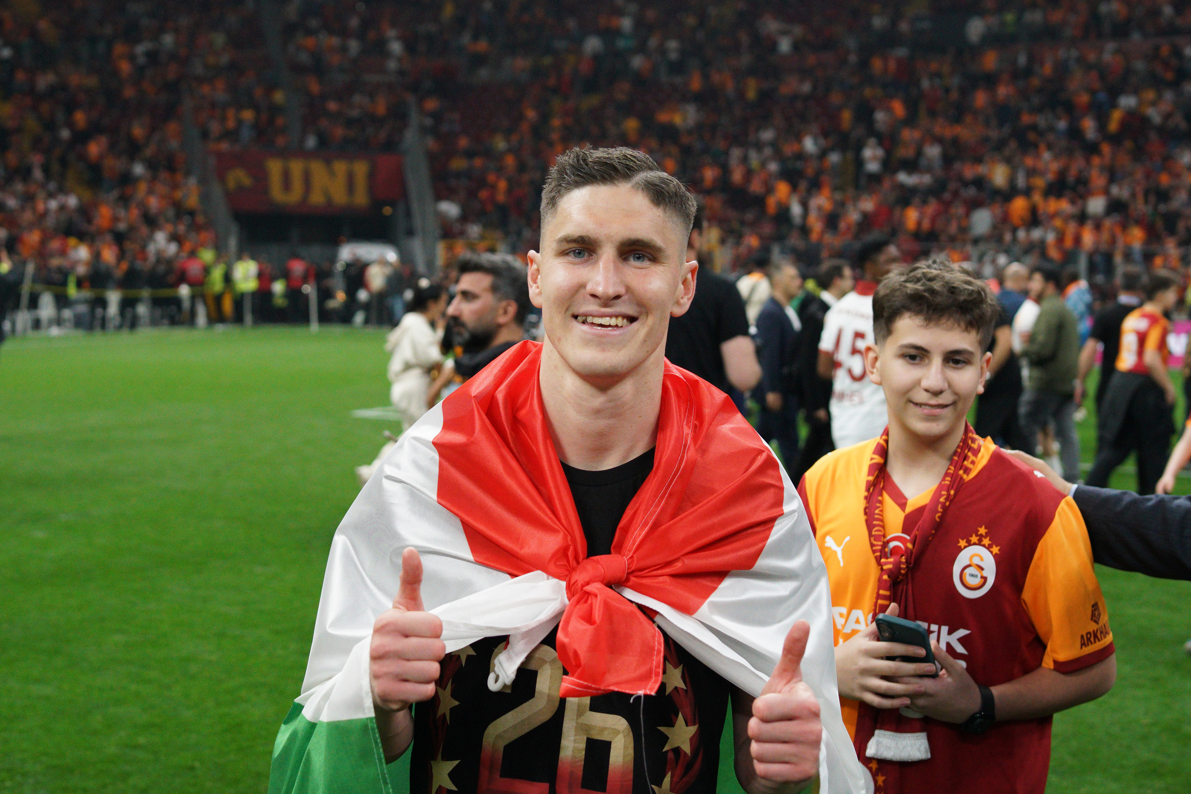 Roland Sallai of Galatasaray reacts during celebrating their victory against Antalyaspor on May 9, 2026, which secured their 26th Turkish Super League title.