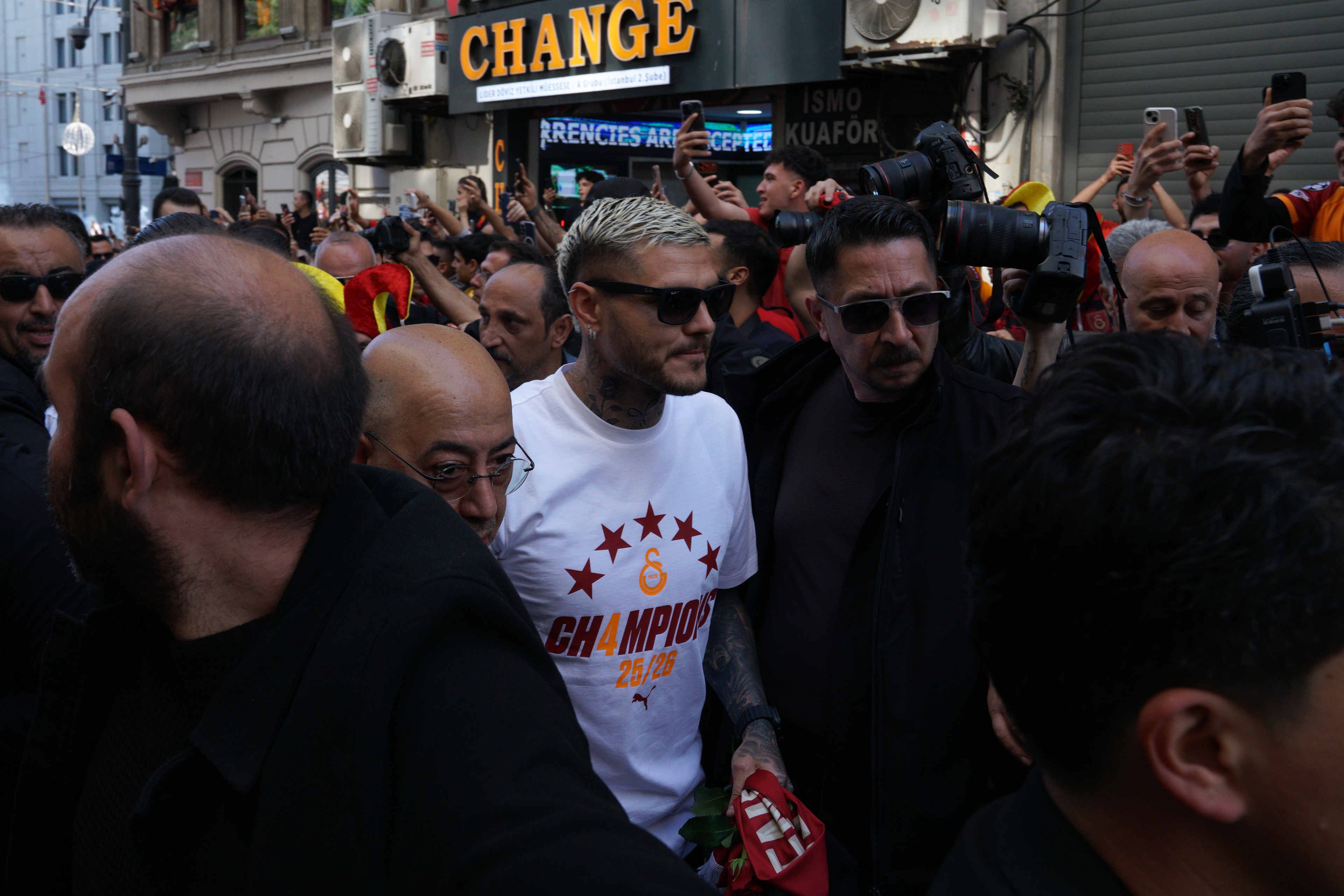 Galatasaray's MAURO ICARDI in the parade as they celebrate winning Super Lig in Istanbul on May 15, 2026.