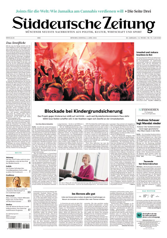 ON THE FRONT PAGE OF SÜDDEUTSCHE ZEITUNG ON APRIL 2, 2024.