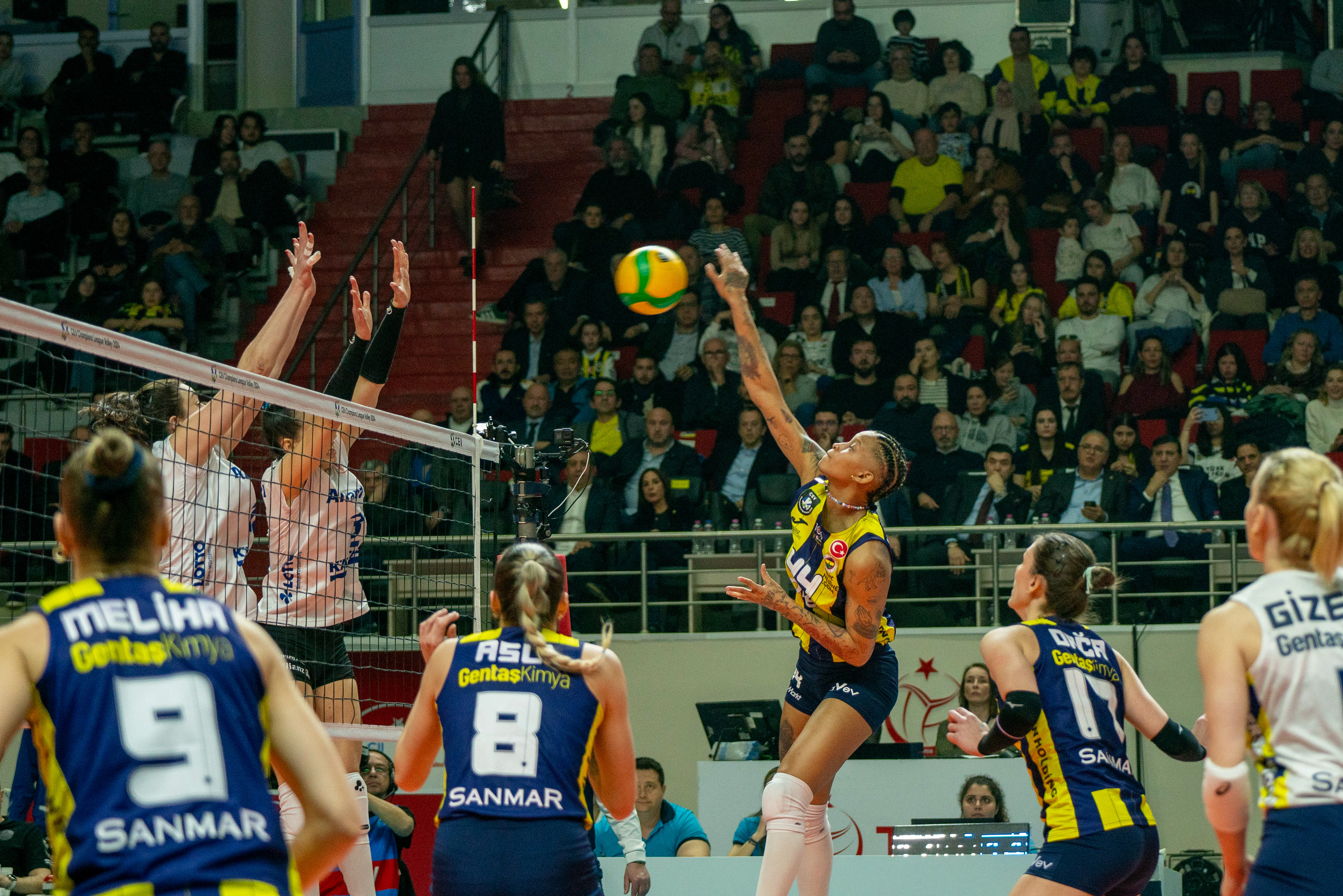 Fenerbahce's volleyball player MELISSA TERESA VARGAS, spikes against CEV Champions League in the match played against Allianz MTV Stuttgart. Fenerbahce Opet was face Germany's Allianz MTV Stuttgart in the second match of the CEV Champions League quarter-final. The first match of the CEV Champions League quarter-final played between the two teams in Germany ended with Allianz MTV Stuttgart winning 3-2.