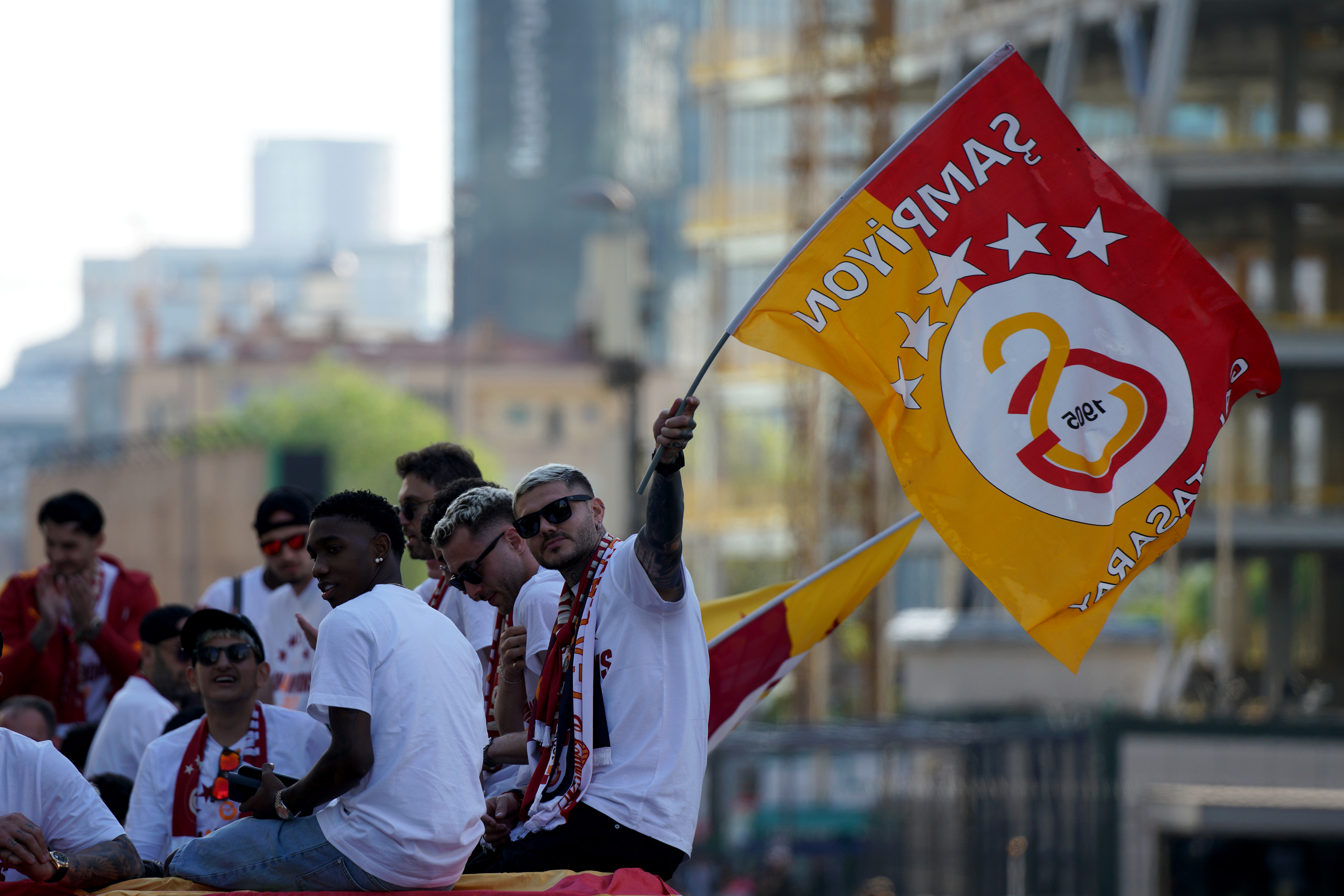 Galatasaray's Mauro Icardi on the bus parade as they celebrate winning the Super Lig  in Istanbul on May 15, 2026.