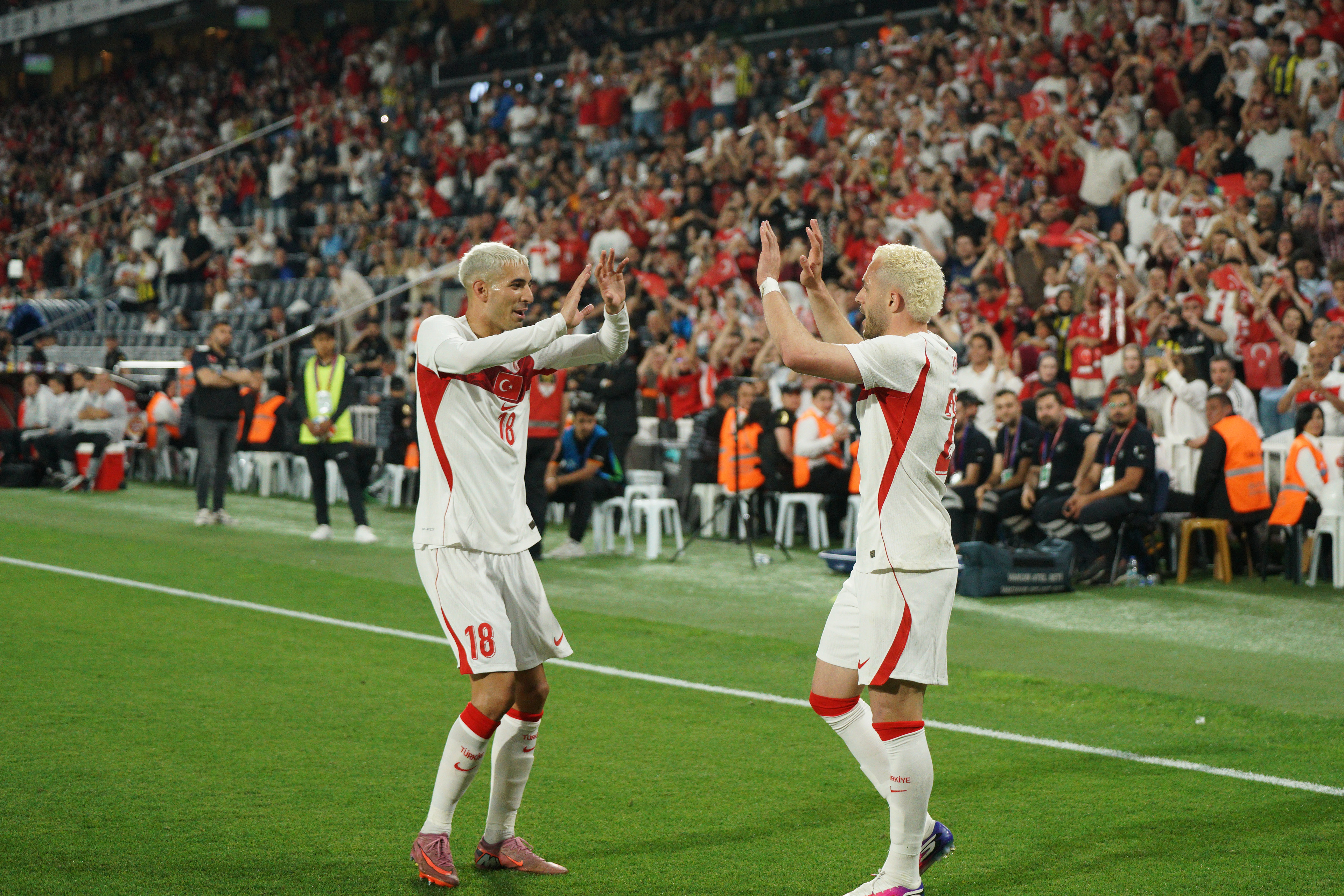 Mert Muldur (L) and Baris Alper Yilmaz (R) of Turkey celebrates after scoring during the Turkey-North Macedonia match at Fenerbahce Sukru Saracoglu Stadium in Istanbul on June 1, 2026, as part of the preparations for the 2026 FIFA World Cup.
