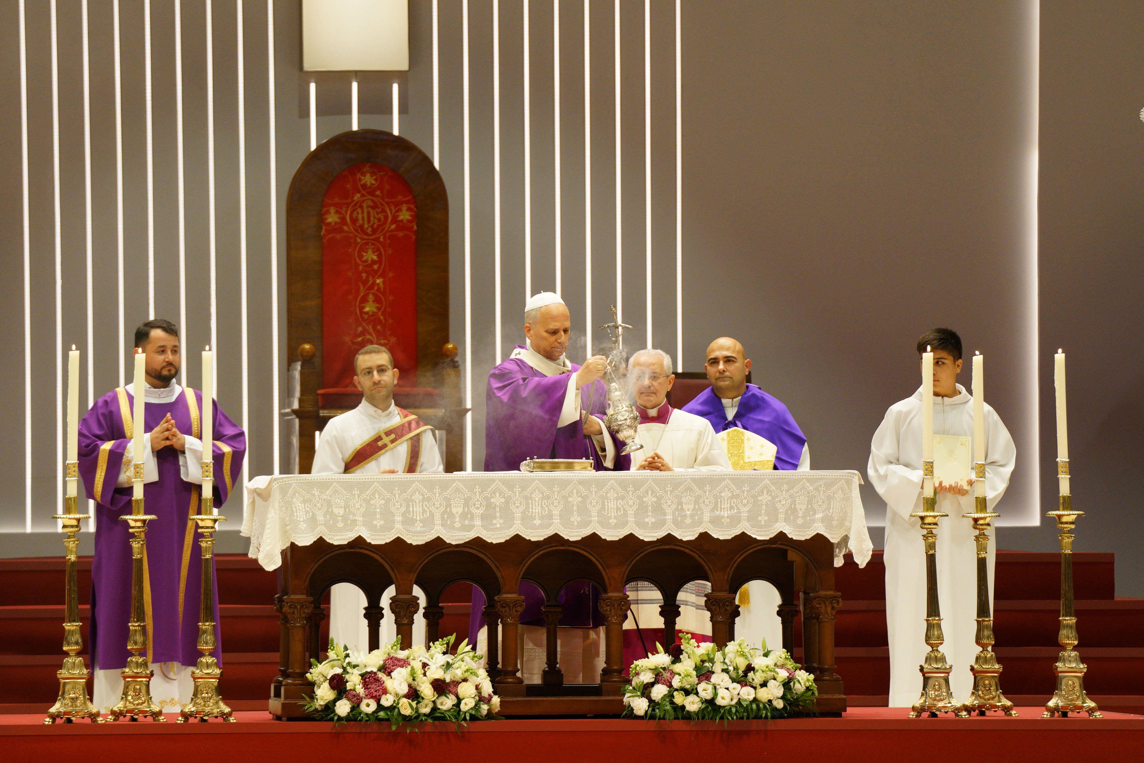 Pope Leo XIV celebrates a Mass at the Volkswagen Arena in Istanbul, during his first apostolic journey, on November 29, 2025.