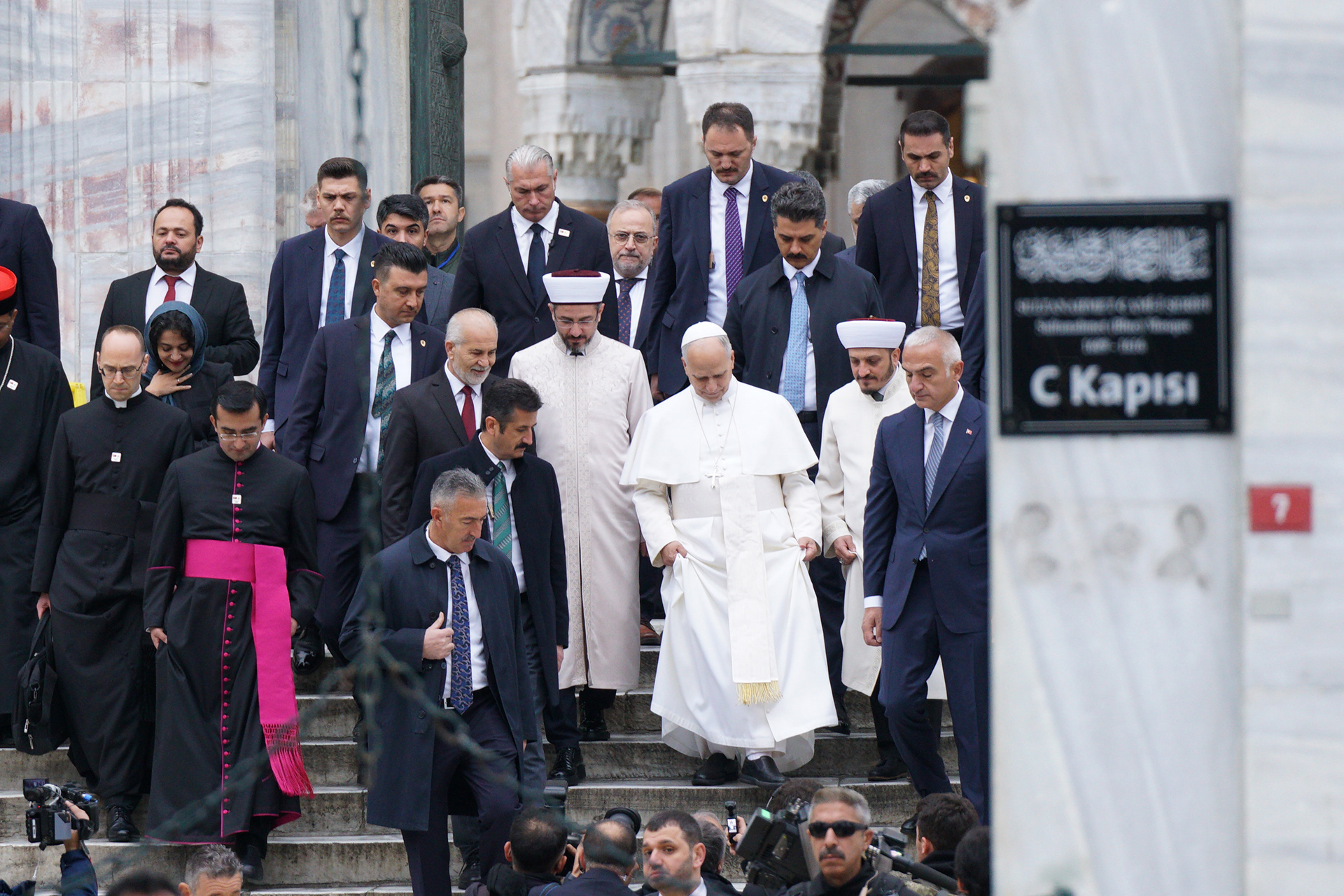 Pope Leo XIV leaving Ottoman-era Sultanahmet Mosque, known as the Blue Mosque, during his first apostolic journey, in Istanbul on November 29, 2025.