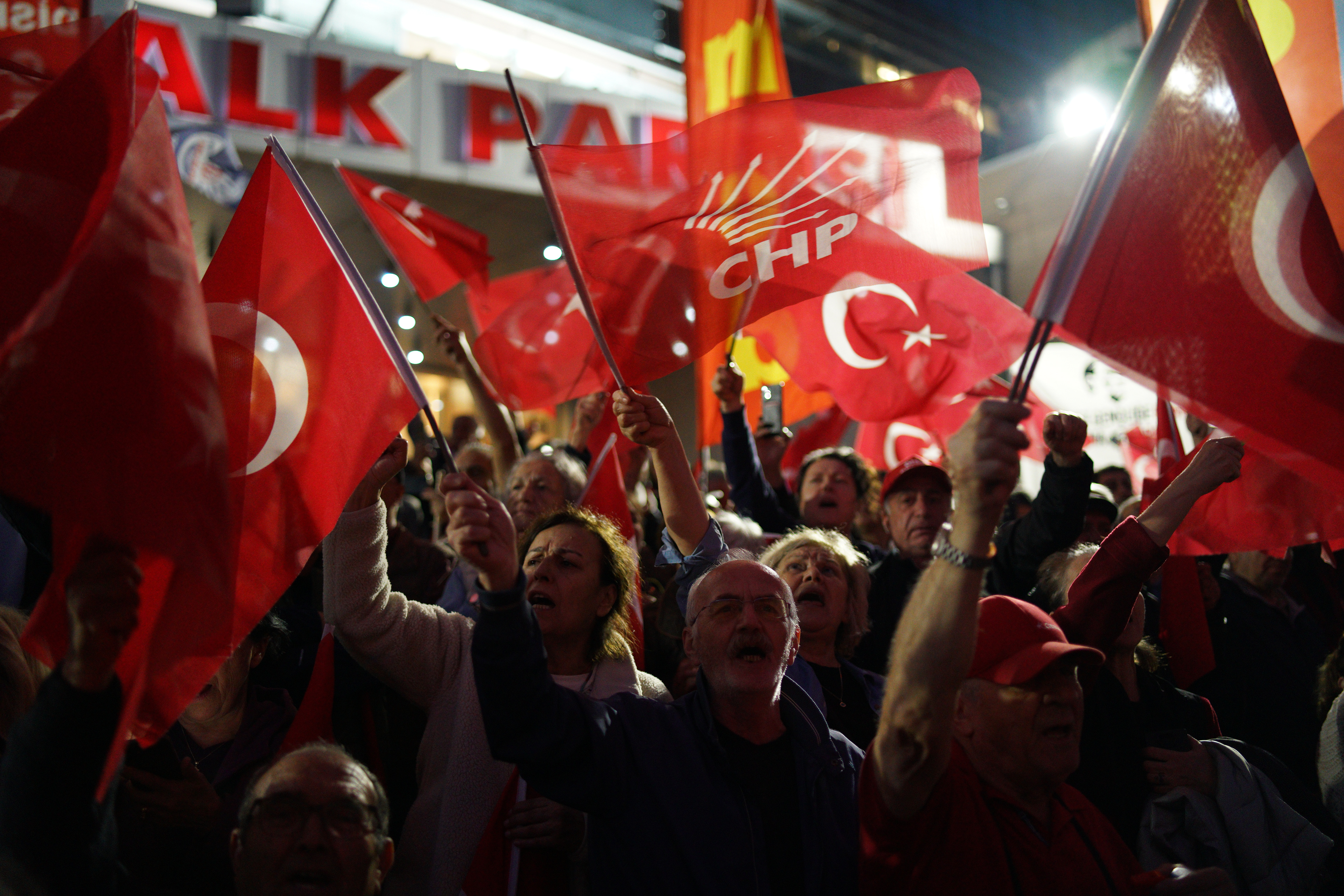 People gather outside the main opposition Republican People's Party (CHP) headquarters in Ankara, Turkey, May 22, 2026.