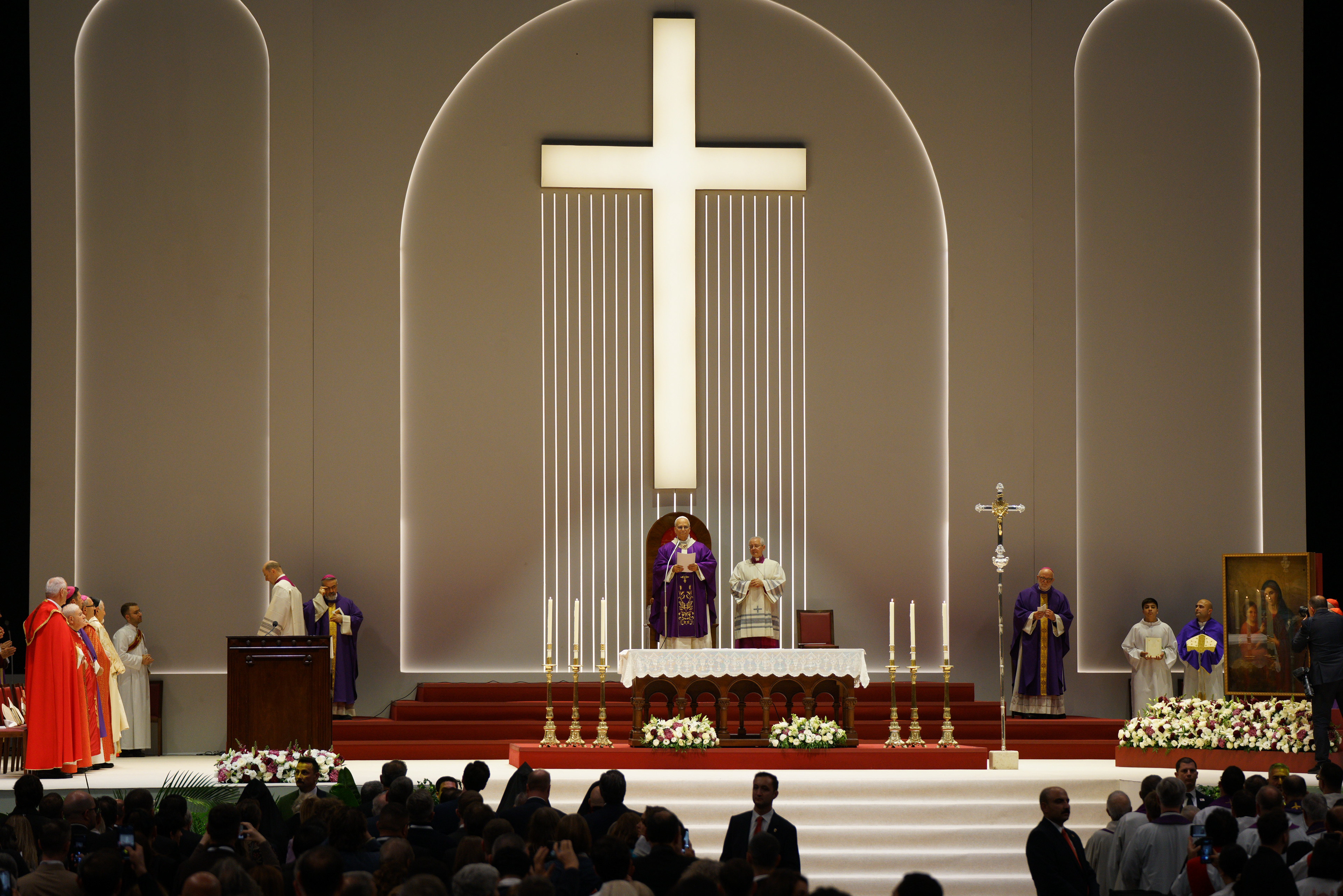 Pope Leo XIV celebrates a Mass at the Volkswagen Arena in Istanbul, during his first apostolic journey, on November 29, 2025.