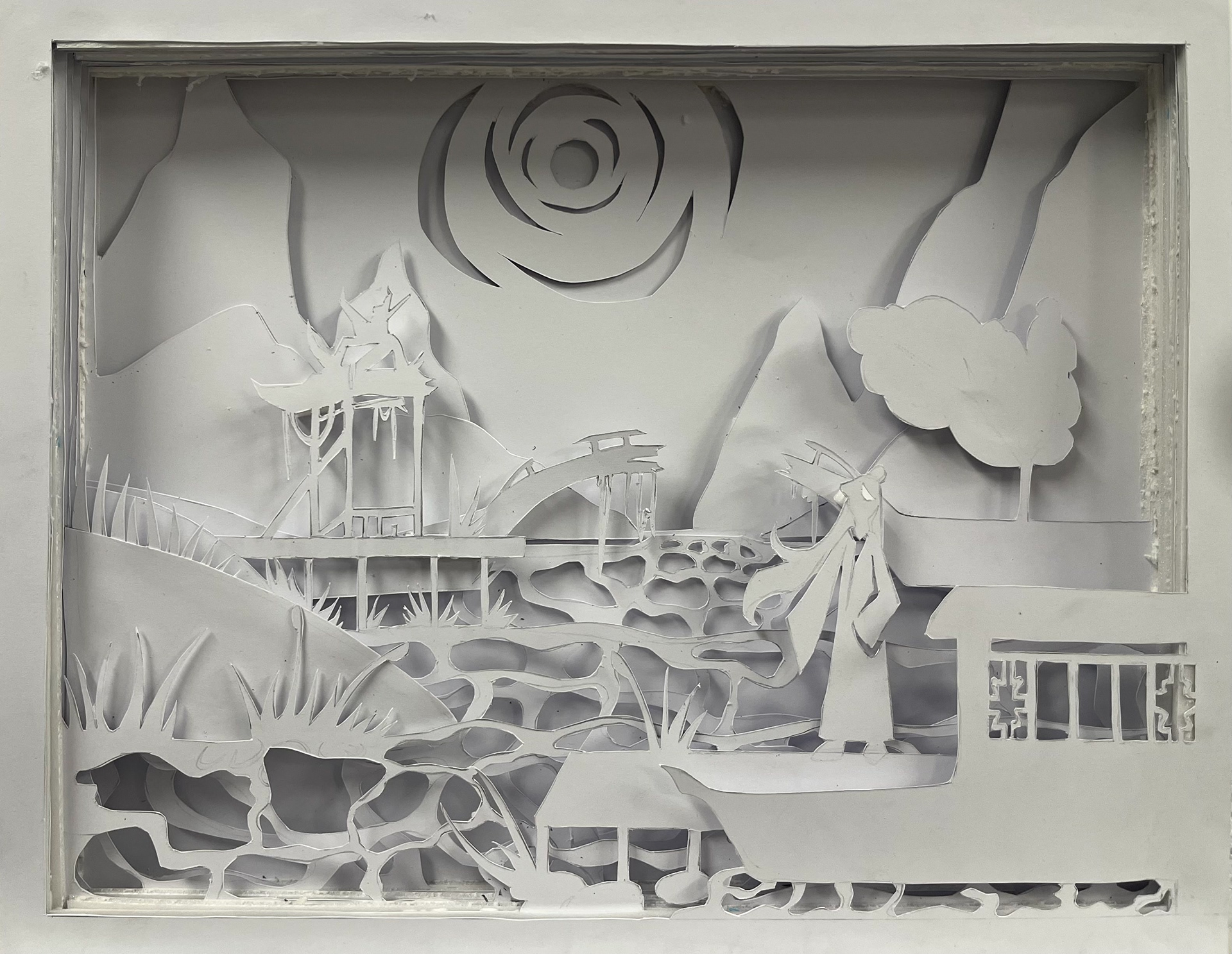 "The Abandoned Moonlit Pier" is a paper cut layered piece inspired by ancient Chinese piers. The goal here was to focus on the use of silhouette and shape to create an image.