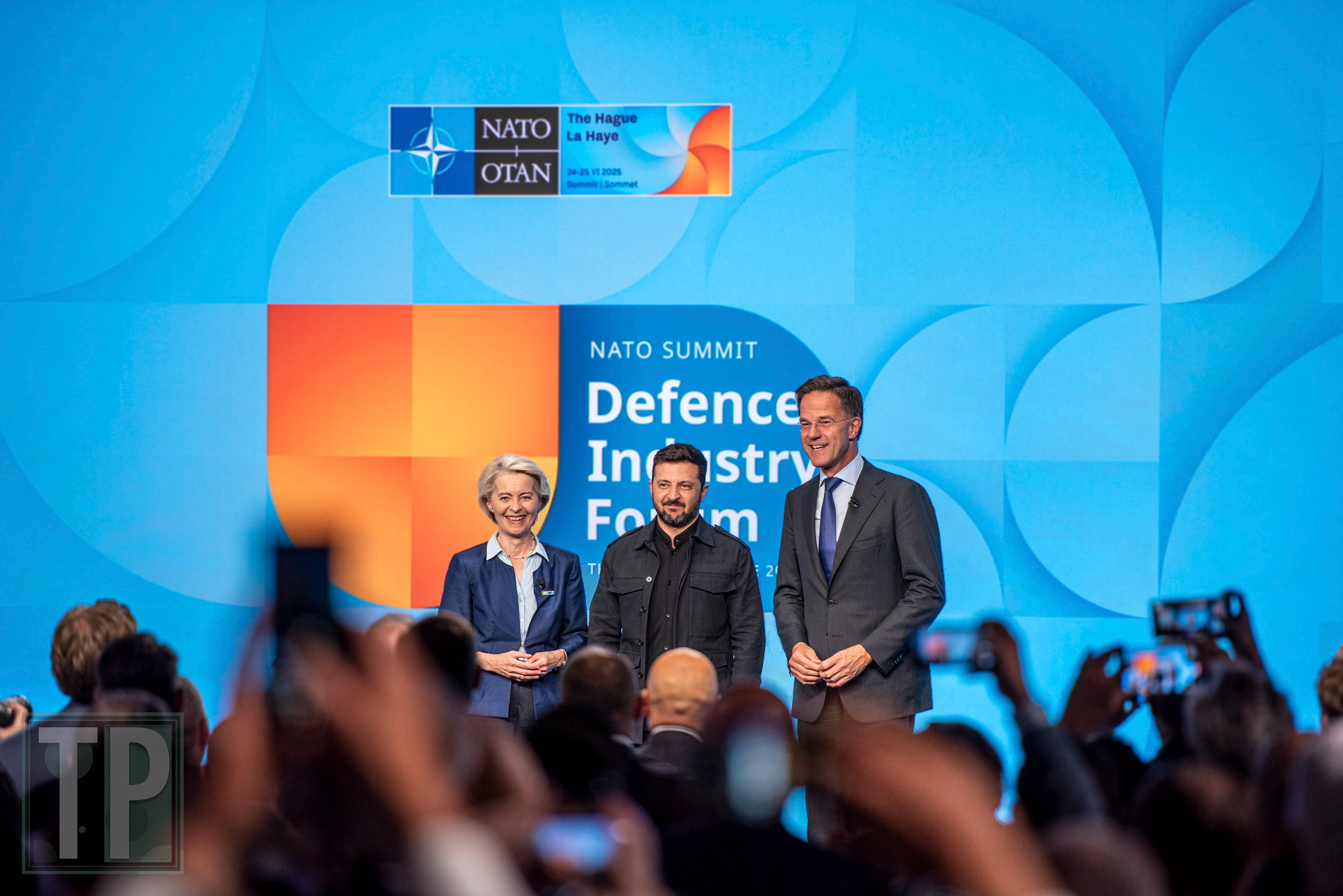 President of Ukraine, Volodymyr Zelenskyy, alongside President of the European Commission, Ursula von der Leyen, and NATO Secretary General, Mark Rutte, addressed an applauding audience during the Defense Industry Forum as part of the 2025 NATO Summit.