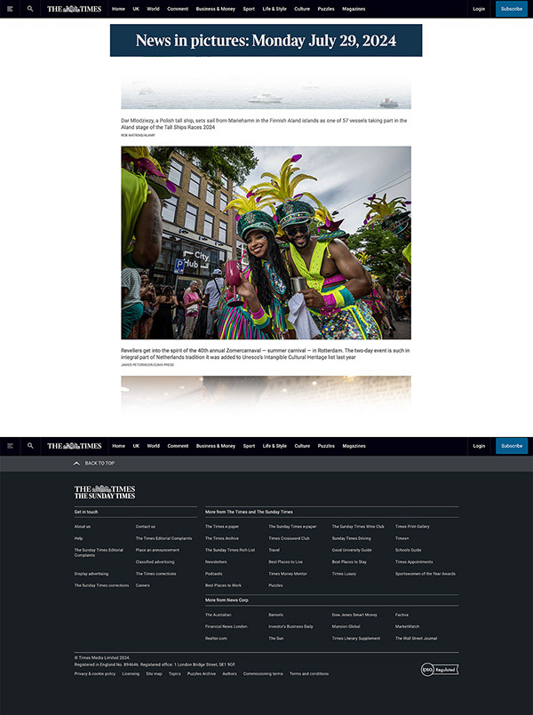 "News in pictures: Monday July 29, 2024." The Times, Verenigd Koninkrijk, 29 juli 2024. · "News in pictures: Monday July 29, 2024." The Times, United Kingdom, 29 July 2024.