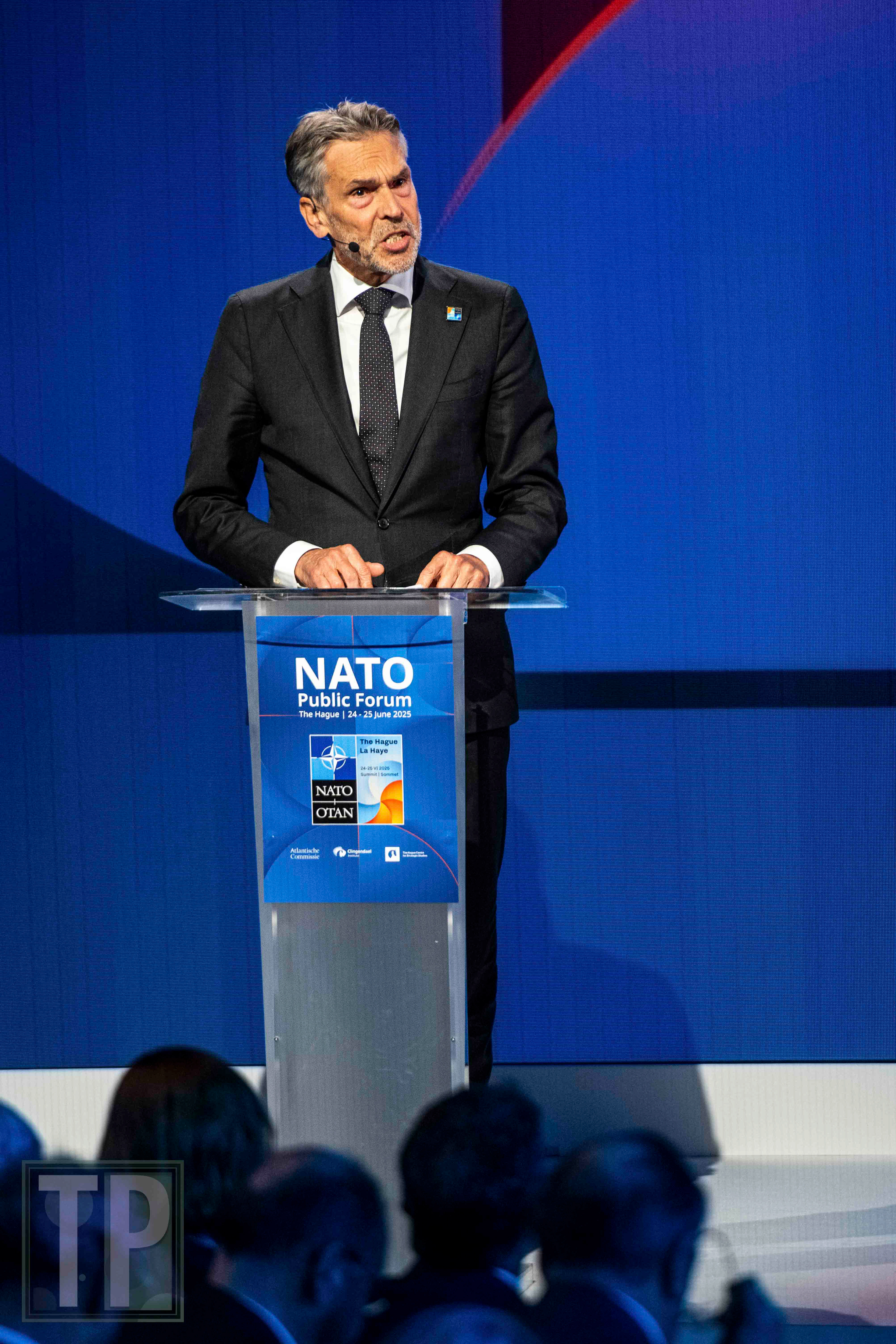Outgoing Dutch Prime Minister DICK SCHOOF delivers the keynote address to the opening session of the 2025 NATO Summit.