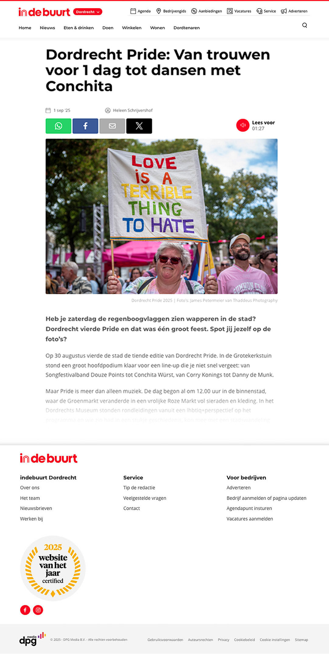  "Dordrecht Pride: Van trouwen tot 1 dag dansen met Conchita." In de Buurt Dordrecht, Nederland, 1 september 2025. · "Dordrecht Pride: From getting married to dancing with Conchita for one day." In de Buurt Dordrecht, Netherlands, 1 September 2025.