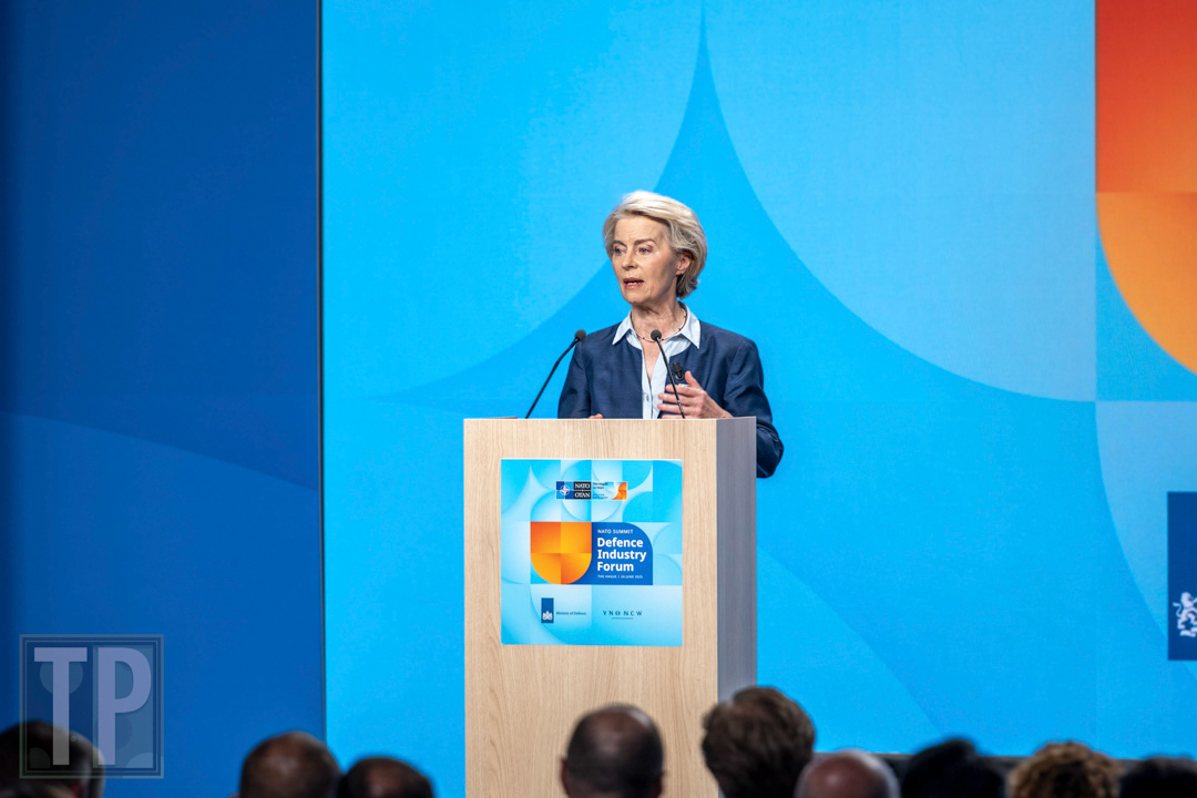 President of the European Commission Ursula von der Leyen addresses the evolution and challenges of the defense community to the Defense Industry Forum as part of the 2025 NATO Summit.