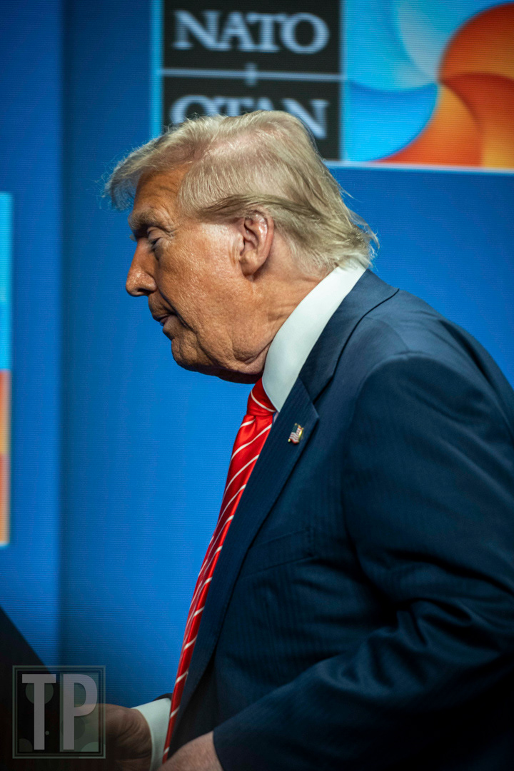 Following a contentious press conference that addressed the resolution of the 2025 NATO Summit, US President Donald Trump leaves the stage and the Summit.