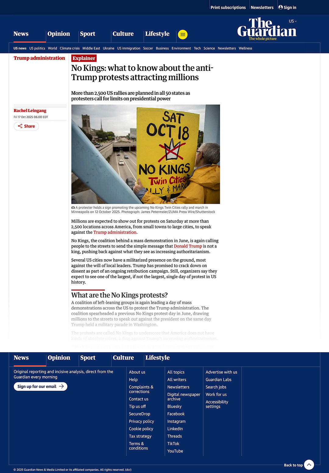 "No Kings: what to know about the anti-Trump protests attracting millions." The Guardian, Verenigde Staten, 17 oktober 2025. · "No Kings: what to know about the anti-Trump protests attracting millions." The Guardian, United States, 17 October 2025.
