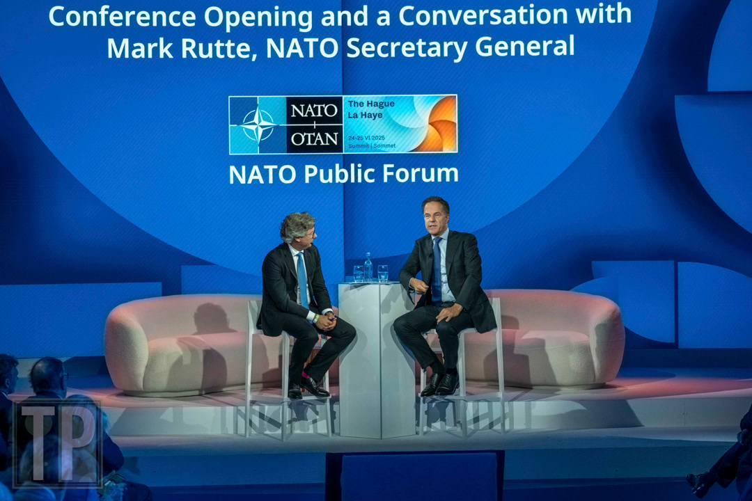 NATO Secretary General Mark Rutte during a press conference and Q&A session to open the 2025 NATO Summit.