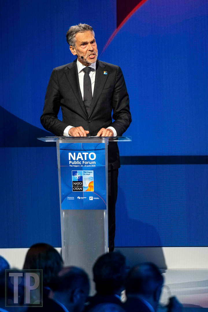 Outgoing Dutch Prime Minister Dick Schoof delivers the  keynote address to the opening session of the 2025 NATO Summit.