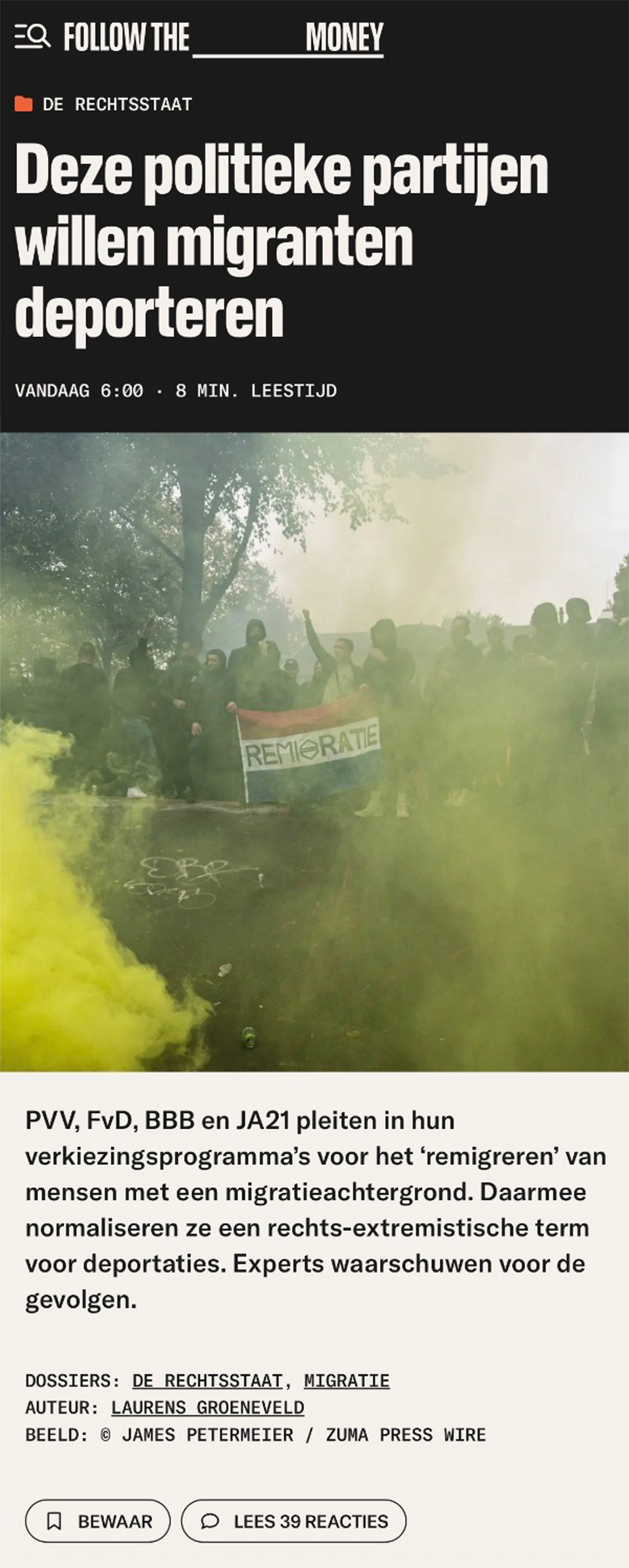 "Deze politieke partijen willen migranten deporteren." Follow the Money, Nederland, 10 oktober 2025. · "These political parties want to deport migrants." Follow the Money, Netherlands, 10 October 2025.