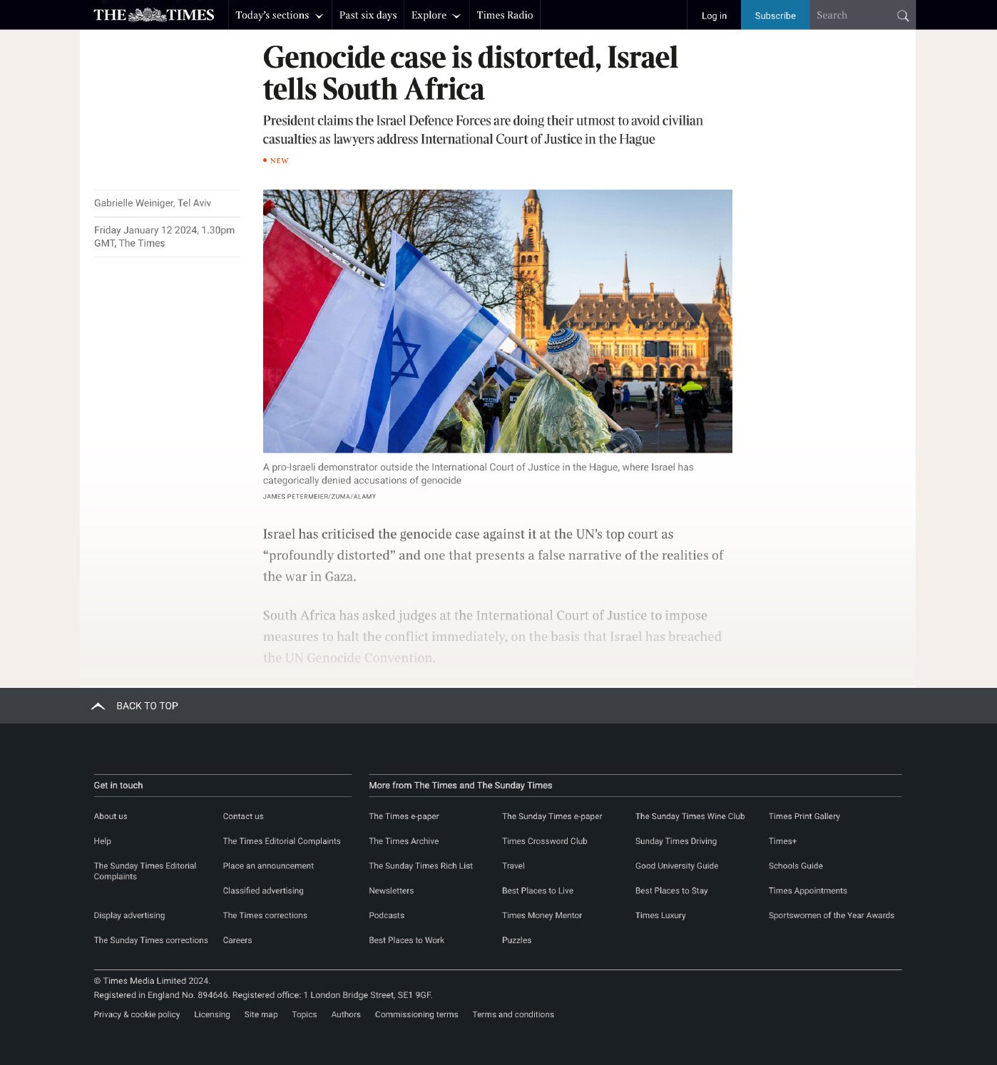 "Genocidezaak is verdraaid, Israël zegt tegen Zuid-Afrika." The Times, Verenigd Koninkrijk, 11 januari 2024. · "Genocide case is distorted, Israel tells South Africa." The Times, United Kingdom, 11 January 2024.