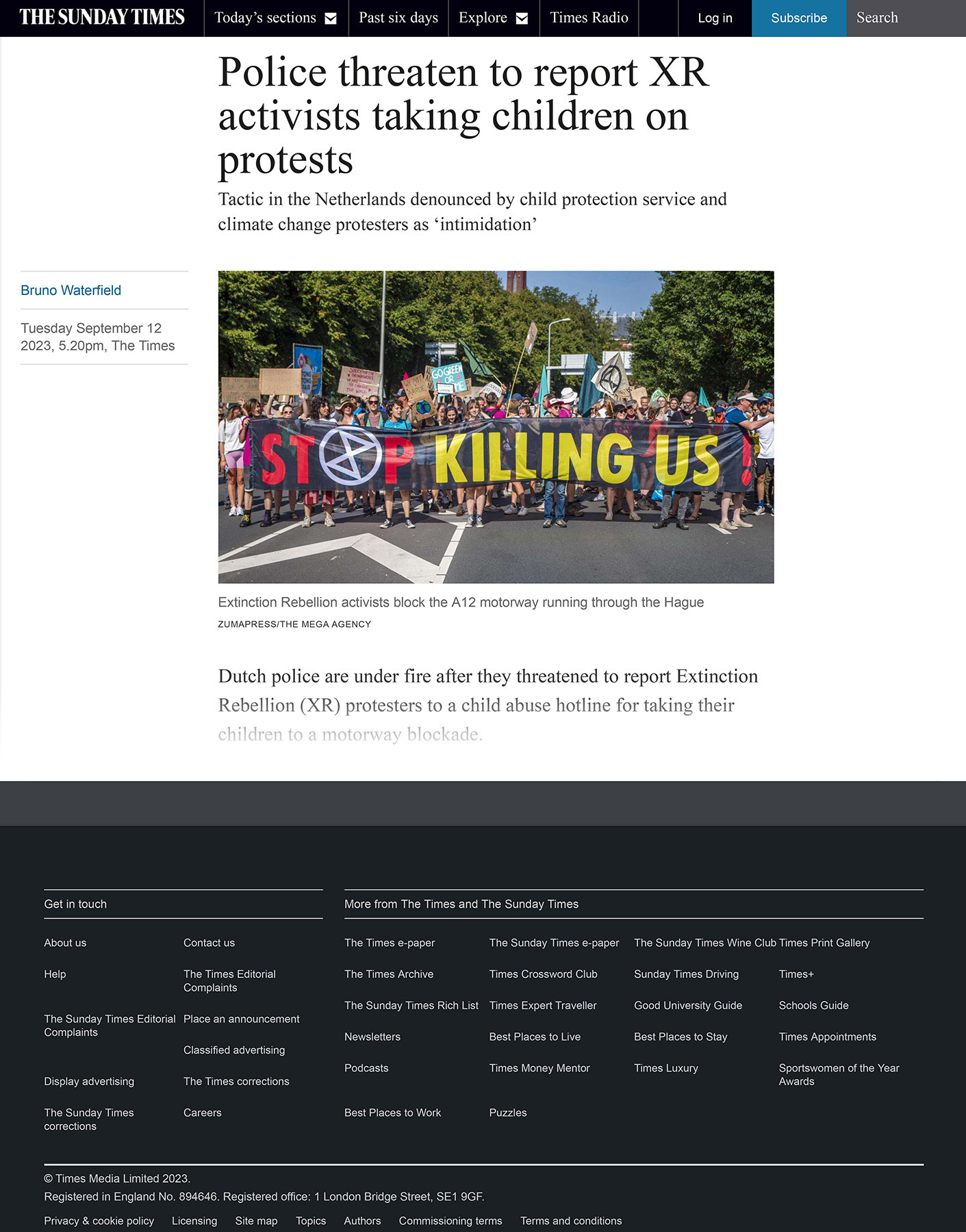 "Politie dreigt XR-activisten aan te geven die kinderen meenemen naar protesten." The Sunday Times, Verenigd Koninkrijk, 12 september 2023. · "Police threaten to report XR activists taking children on protests." The Sunday Times, United Kingdom, 12 September 2023.