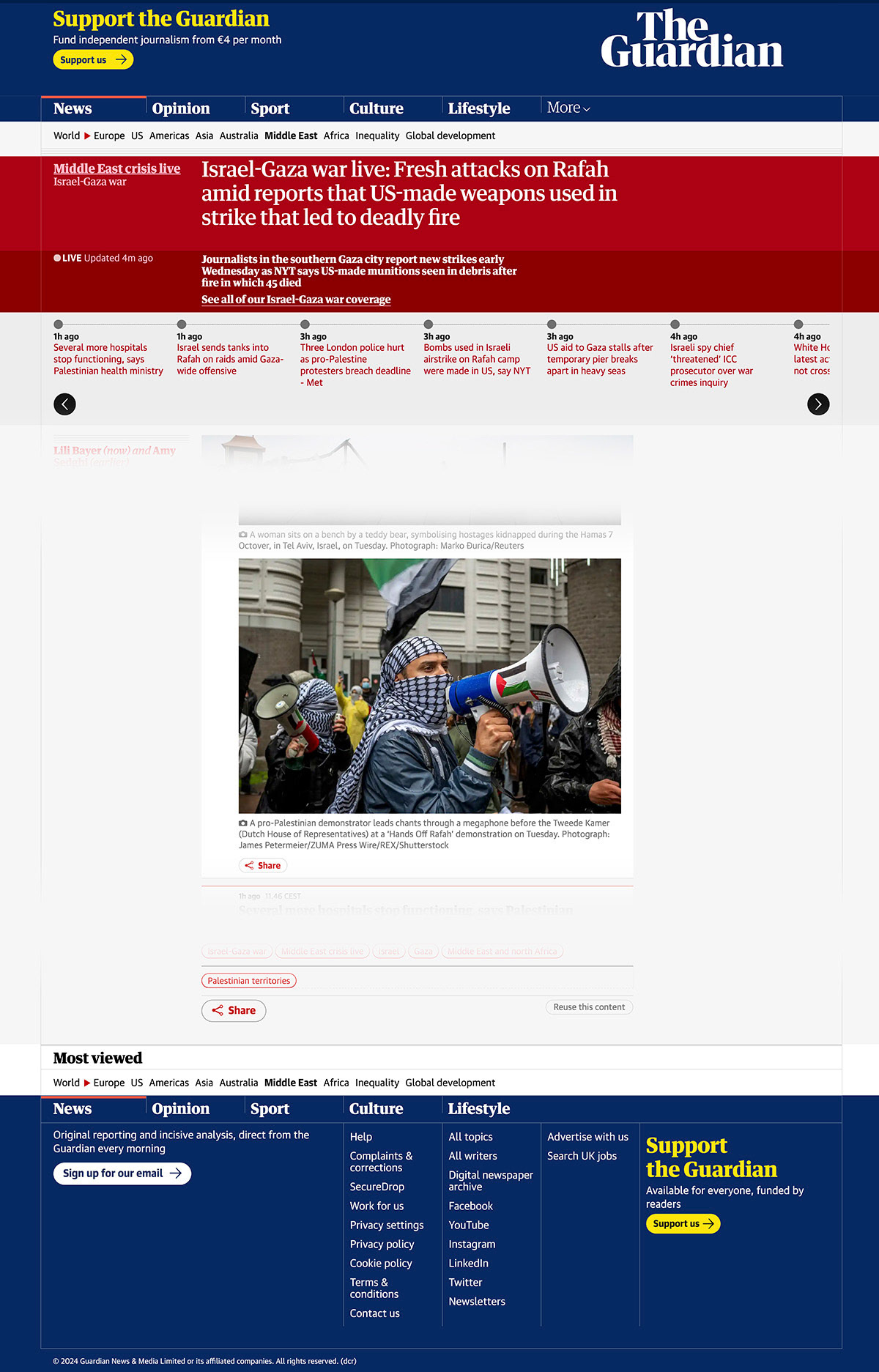 Israelisch-Gazaoorlog live: Nieuwe aanvallen op Rafah te midden van berichten dat Amerikaanse wapens werden gebruikt bij een aanval die leidde tot een dodelijke brand. The Guardian, Verenigd Koninkrijk, 29 mei 2024. · "Israel-Gaza war live: Fresh attacks on Rafah amid reports that US-made weapons used in strike that led to deadly fire." The Guardian, United Kingdom, 29 May 2024.