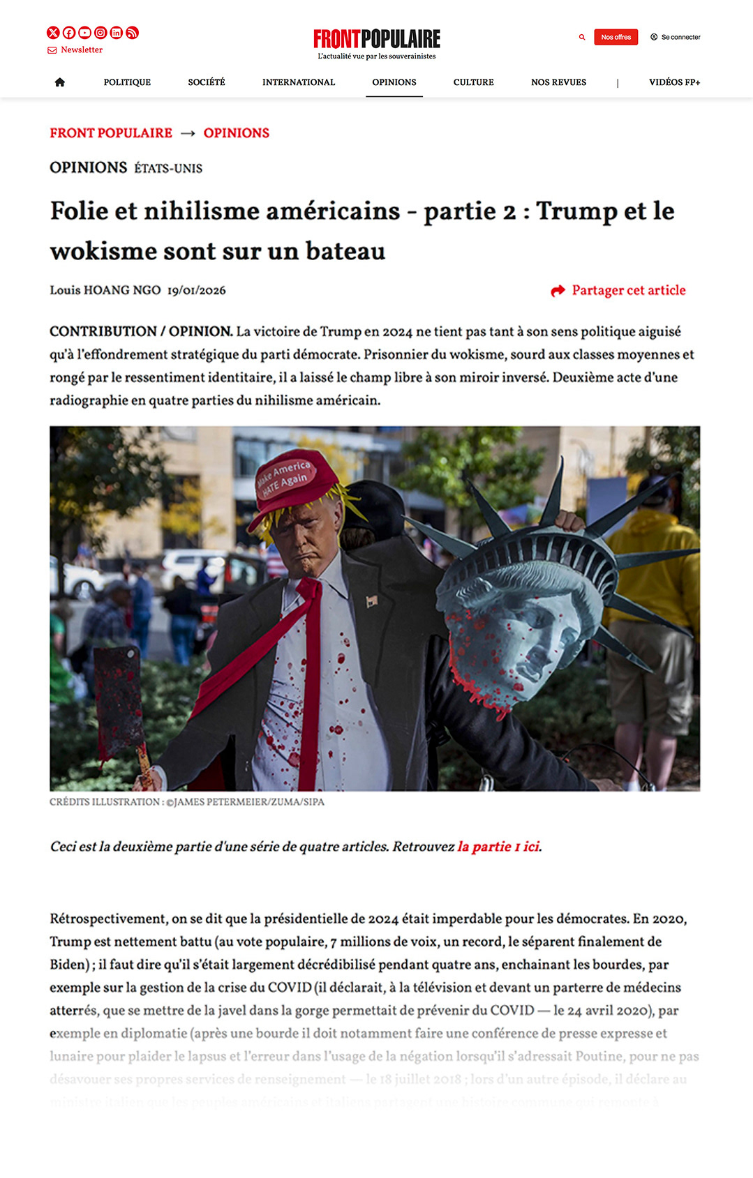 "Folie et nihilisme américains - partie 2 : Trump et le wokisme sont sur un bateau." Front Populaire, Frankrijk, 19 januari 2026. · "American Folly and Nihilism - Part 2: Trump and Wokism Are in the Same Boat." Front Populaire, France, 19 January 2026.