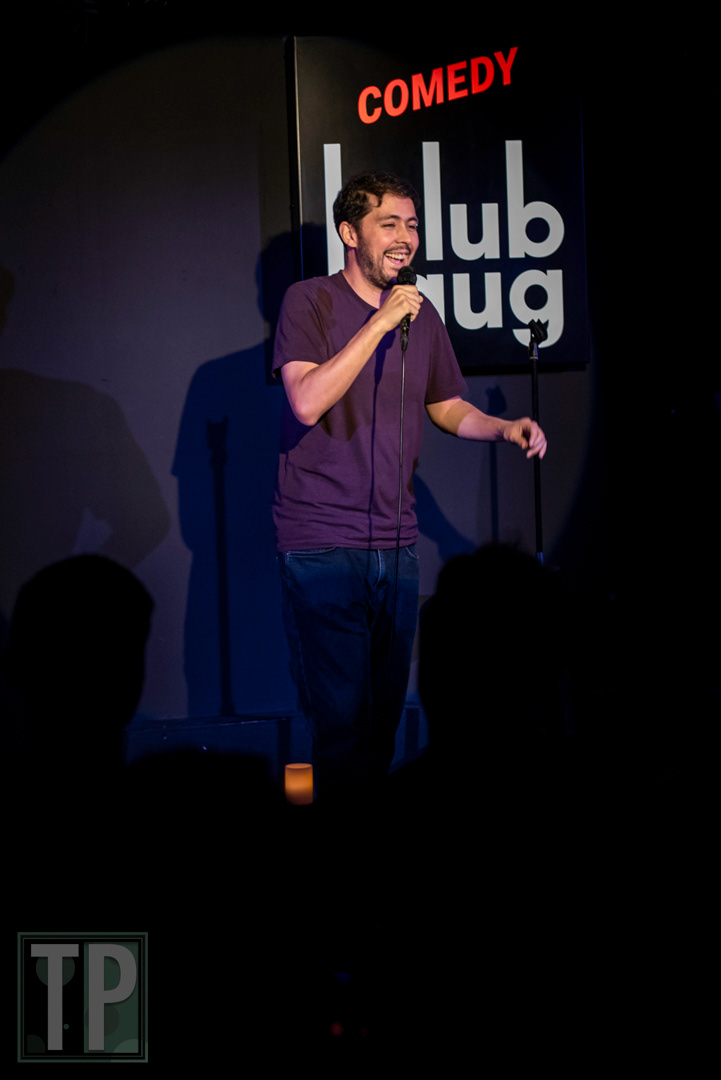 A candid shot of comedian Max Roberto during an English open-mic set at Comedy Club Haug in Rotterdam, the Netherlands.