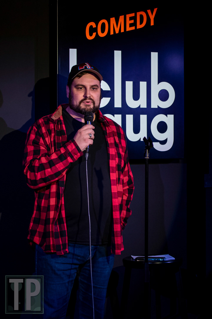 A candid shot of comedian Jonathan Ouellet Roberto during an English open-mic set at Comedy Club Haug in Rotterdam, the Netherlands.
