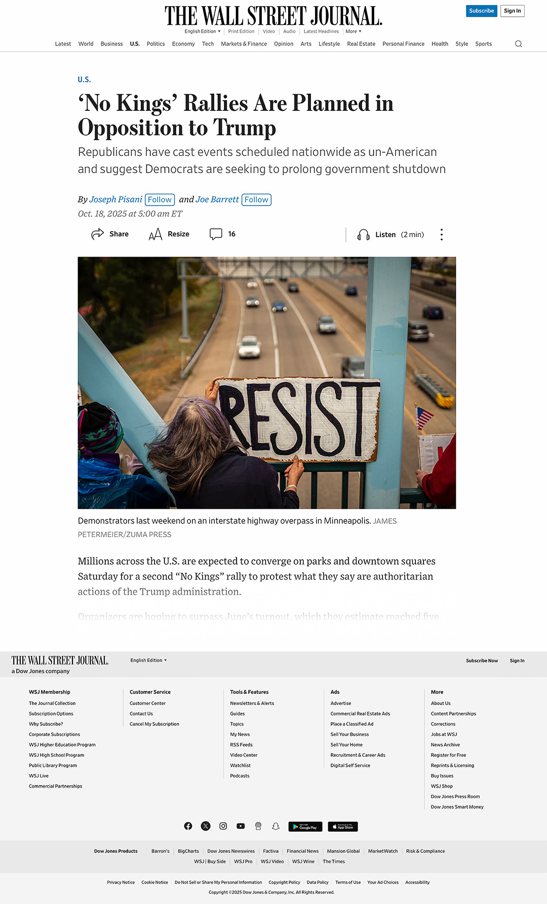 "'No Kings' Rallies Are Planned in Opposition to Trump." The Wall Street Journal, Verenigde Staten, 18 oktober 2025. · "'No Kings' Rallies Are Planned in Opposition to Trump." The Wall Street Journal, United States, 18 October 2025.
