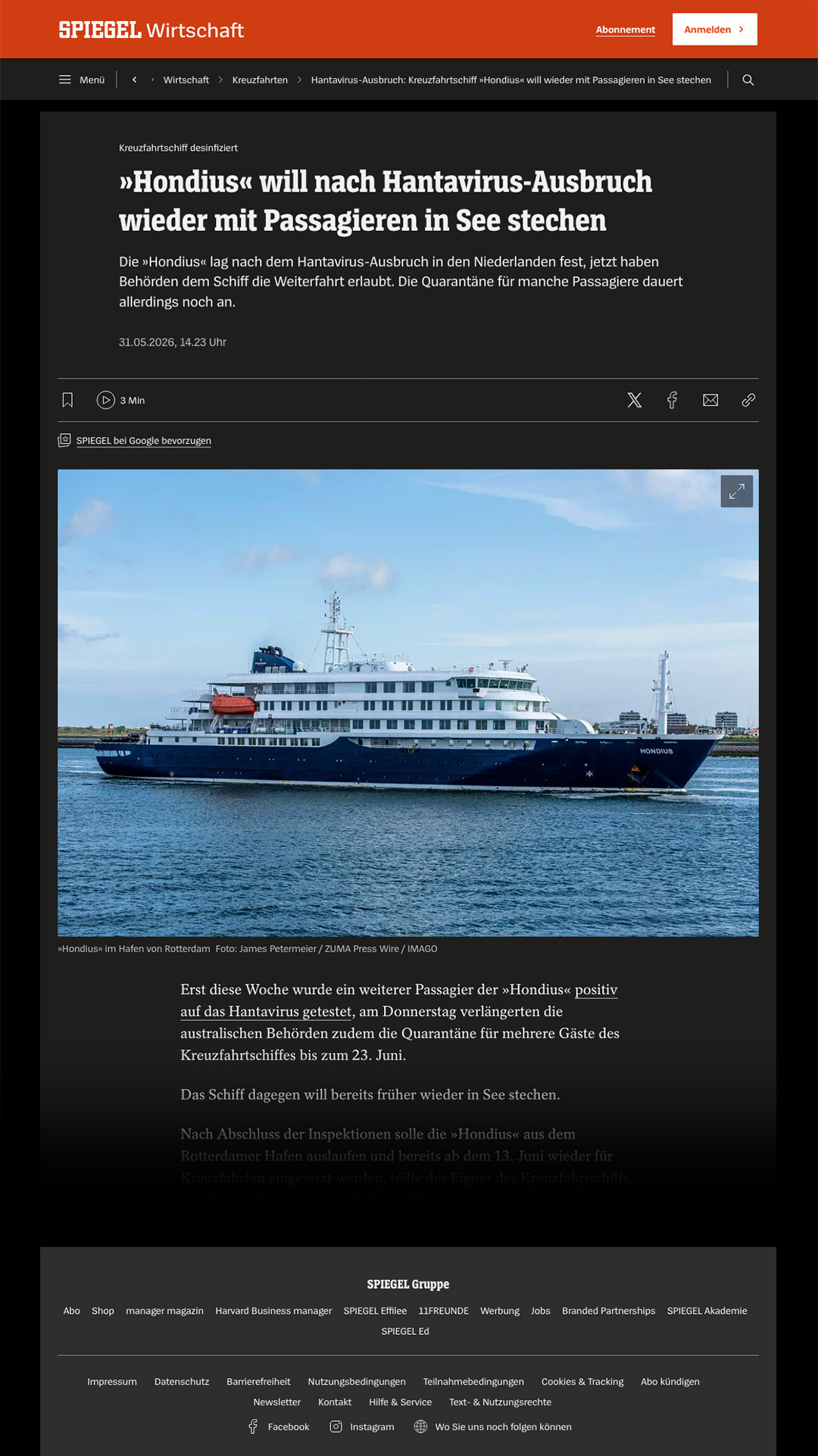 "»Hondius« will nach Hantavirus-Ausbruch wieder mit Passagieren in See stechen." Spiegel Wirtschaft, Duitsland, 31 mei 2026. · "»Hondius« wants to set sail again with passengers after Hantavirus outbreak." Spiegel Wirtschaft [Economics], Germany, 31 May 2026.