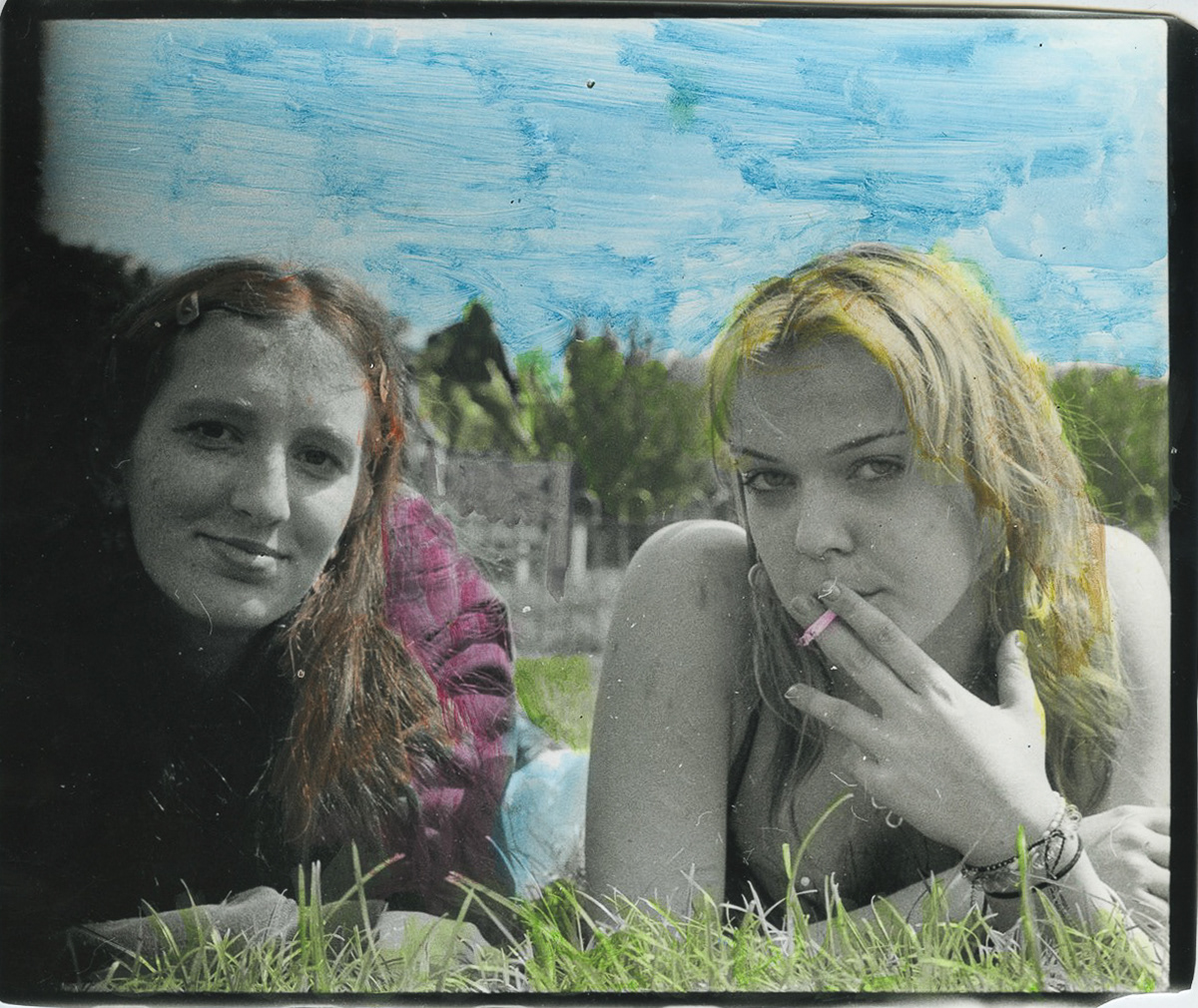 Daisy and Emma at Jackson's, Watercolour on Silver Gelatin Print, 8x10", 2023