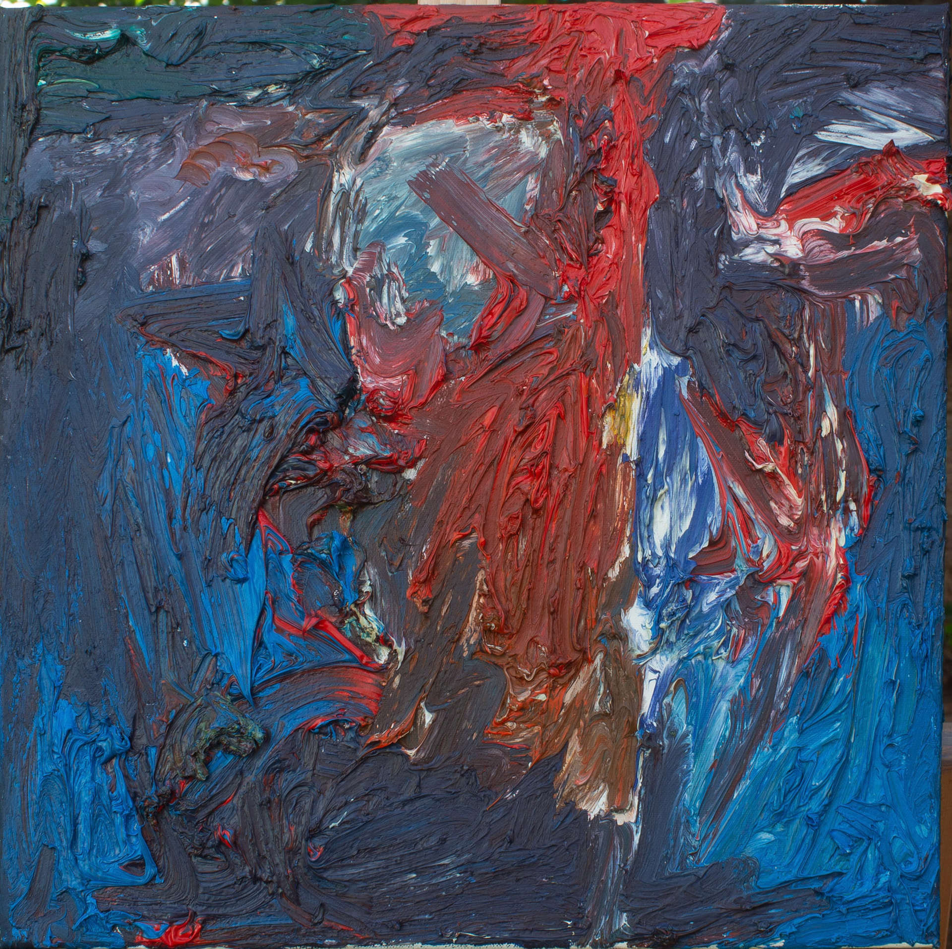 Red Dress running down the stairs, Oil on Canvas, 60x60cm, 2025