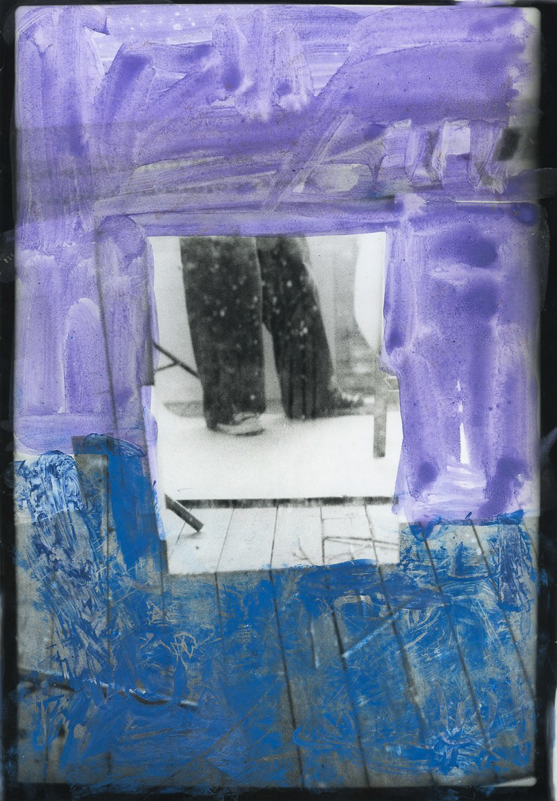 My shoes in studio mirror, Acrylic and Hard Pastel on Silver Gelatin Print, 8x10", 2024