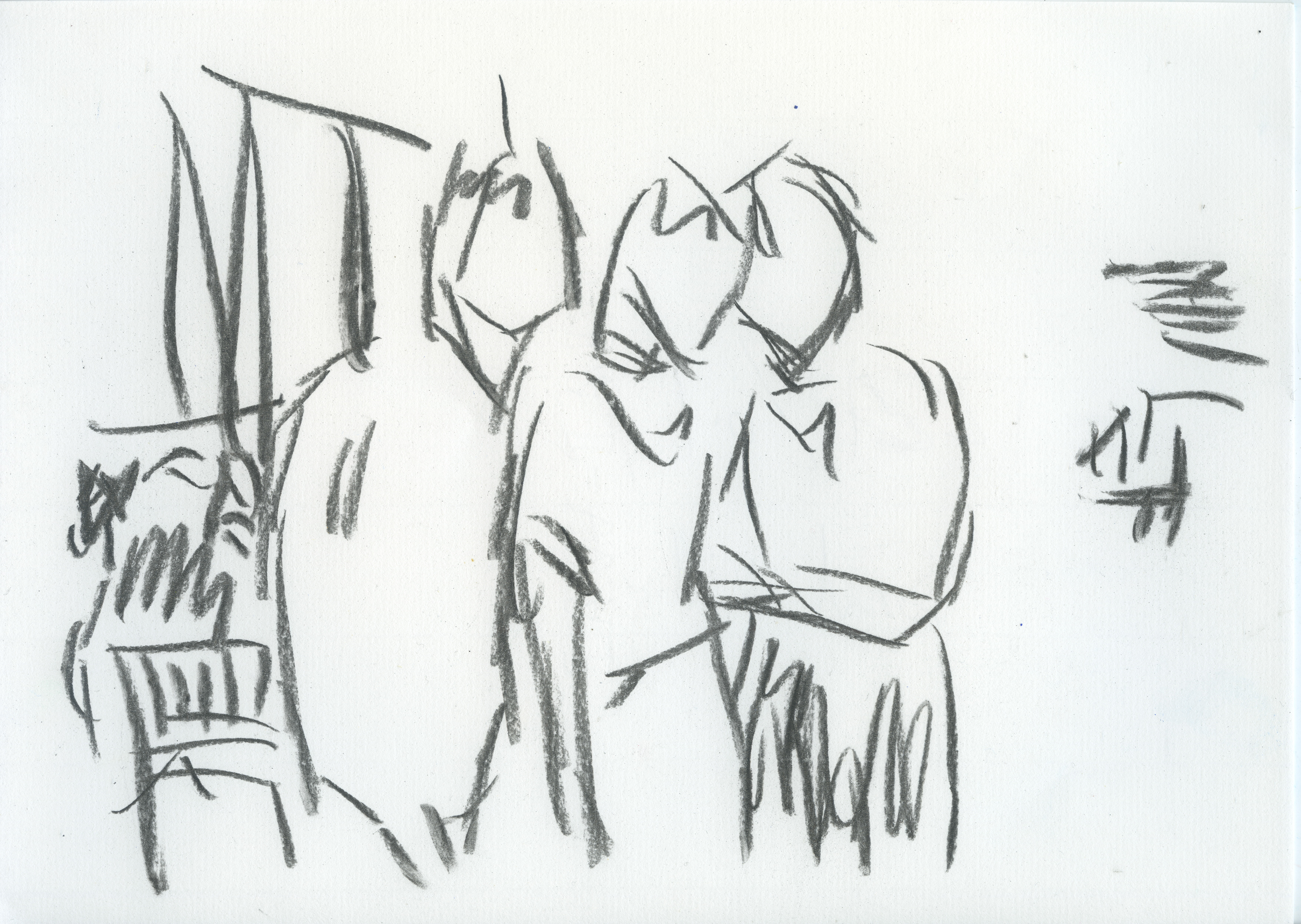3 Figures, Charcoal on Paper, 24x27.5cm, 2025